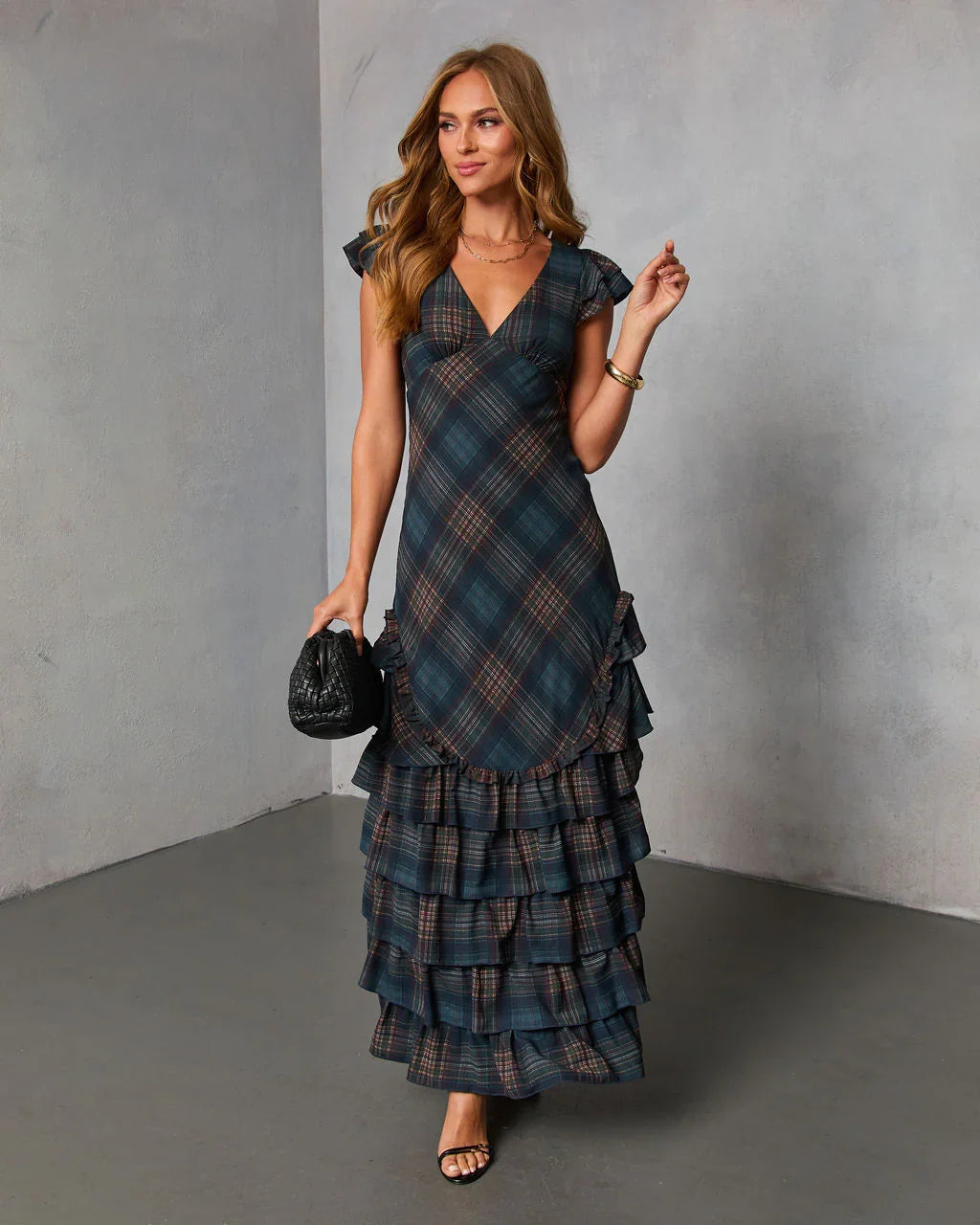 Marcellie Ruffle Plaid Maxi Dress