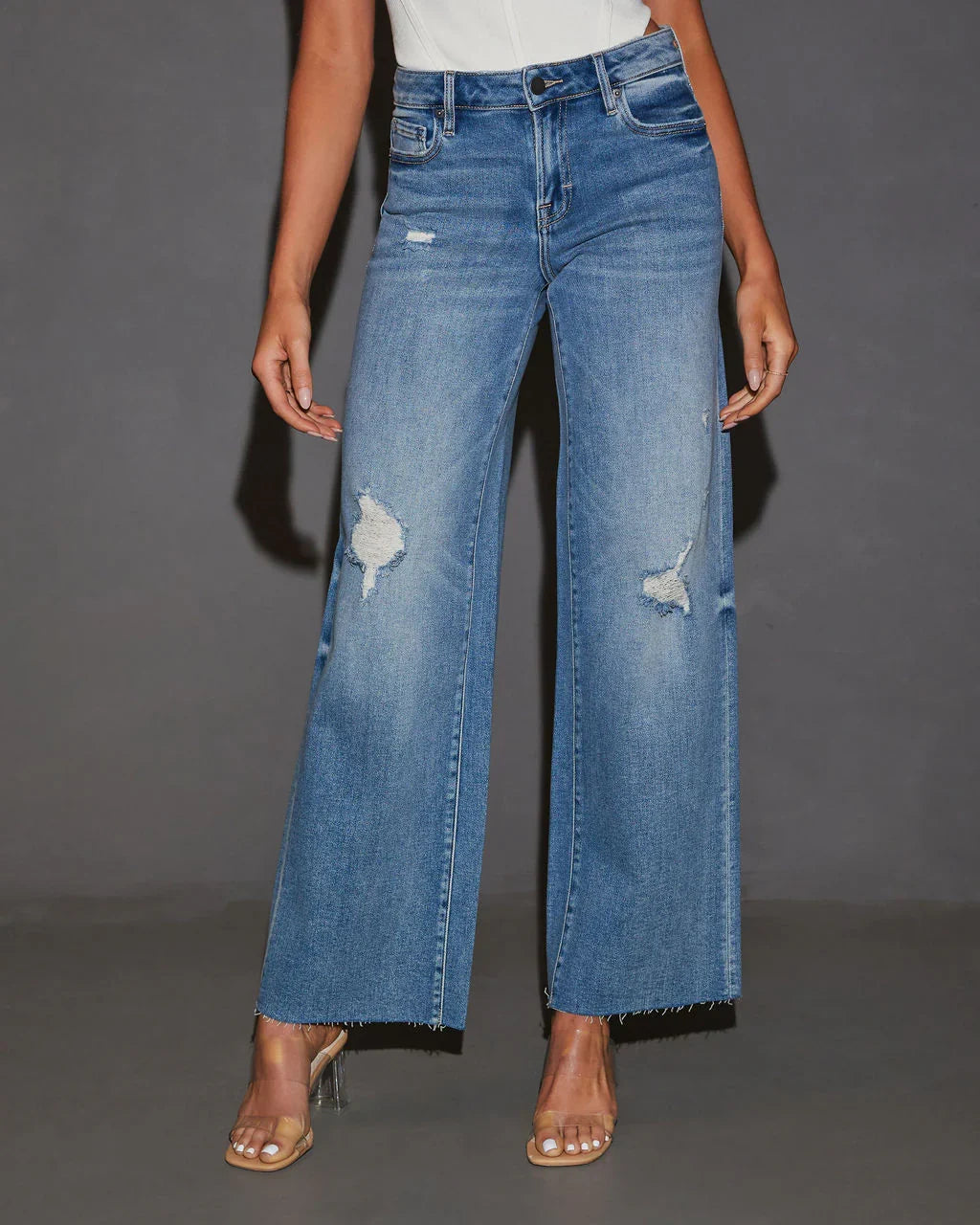 Cooper Super Stretch High Rise Wide Leg Distressed Jeans