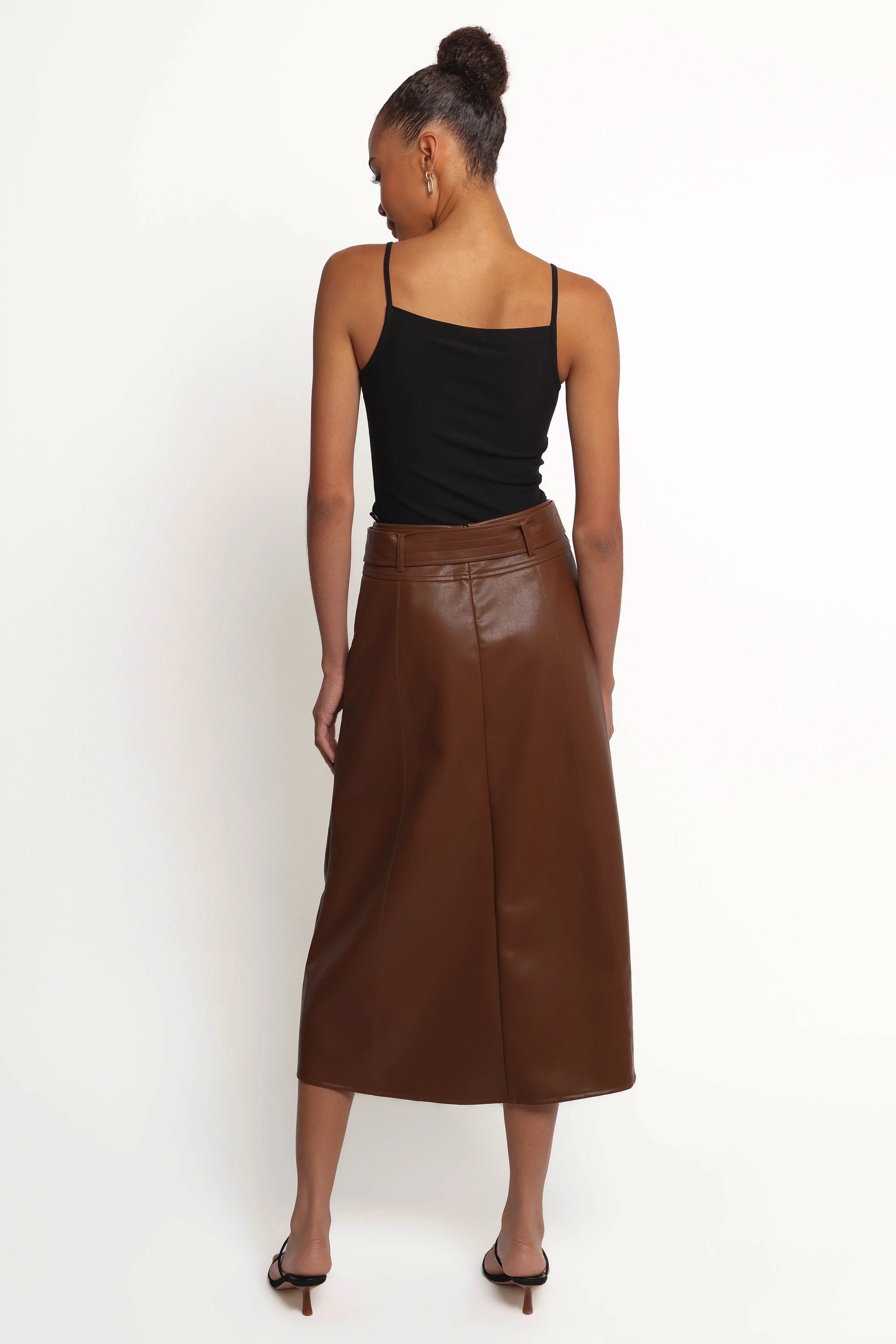Adaline Faux Leather Midi Skirt Brown