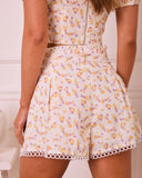 Sunny Petals Floral Eyelet Waist Tie Shorts