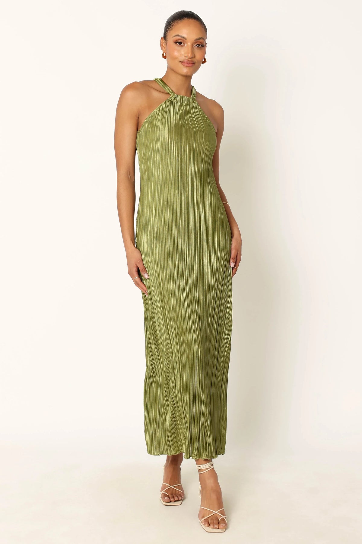 Melody Plisse Halter Maxi Dress Olive