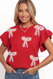 Cherish Ruffle Sleeve Bow Knit Sweater Red