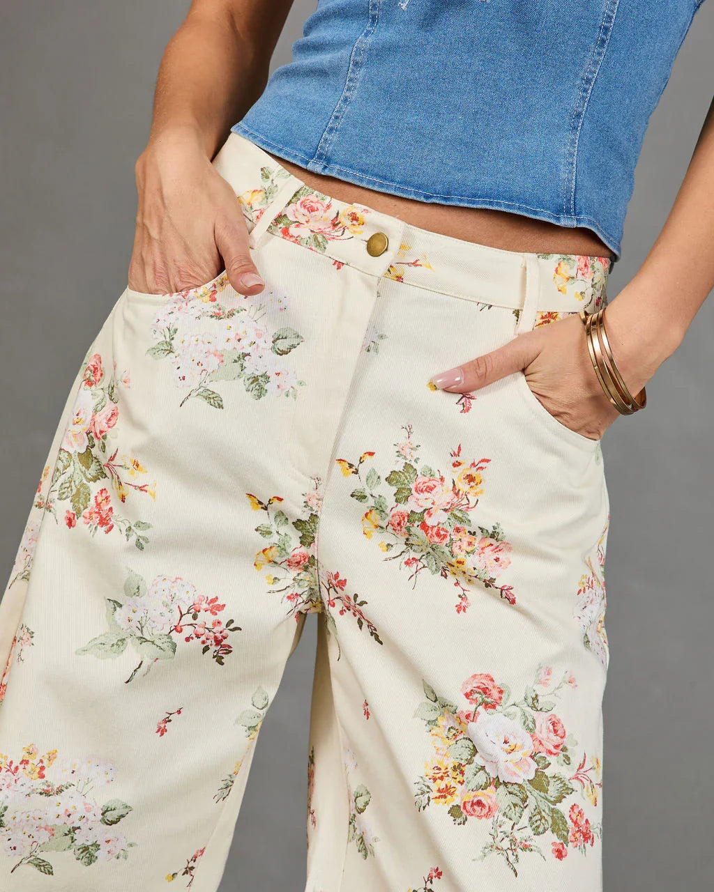 Sunlit Petals Rigid Mid Rise Wide Leg Floral Jeans