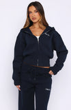 Wishing For It Cropped Cinched Zip Front Hoodie Navy