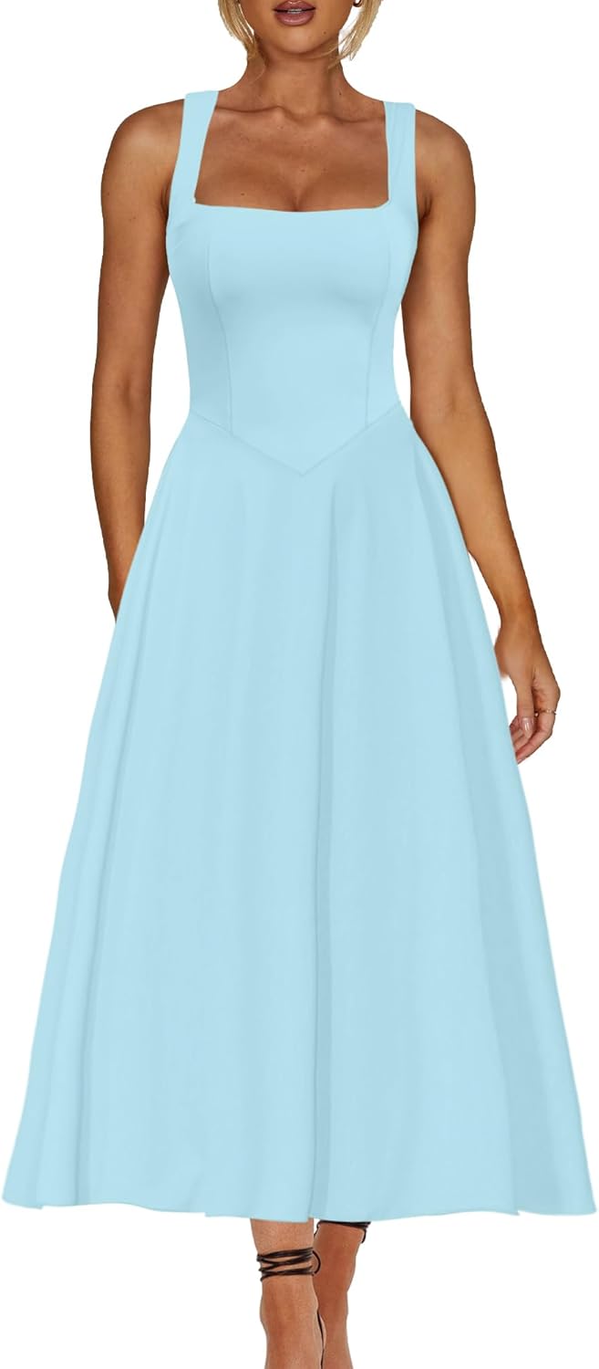 Square Neck Sleeveless A Line Maxi Dress Smocked Ruffle Flowy Casual Long Dresses