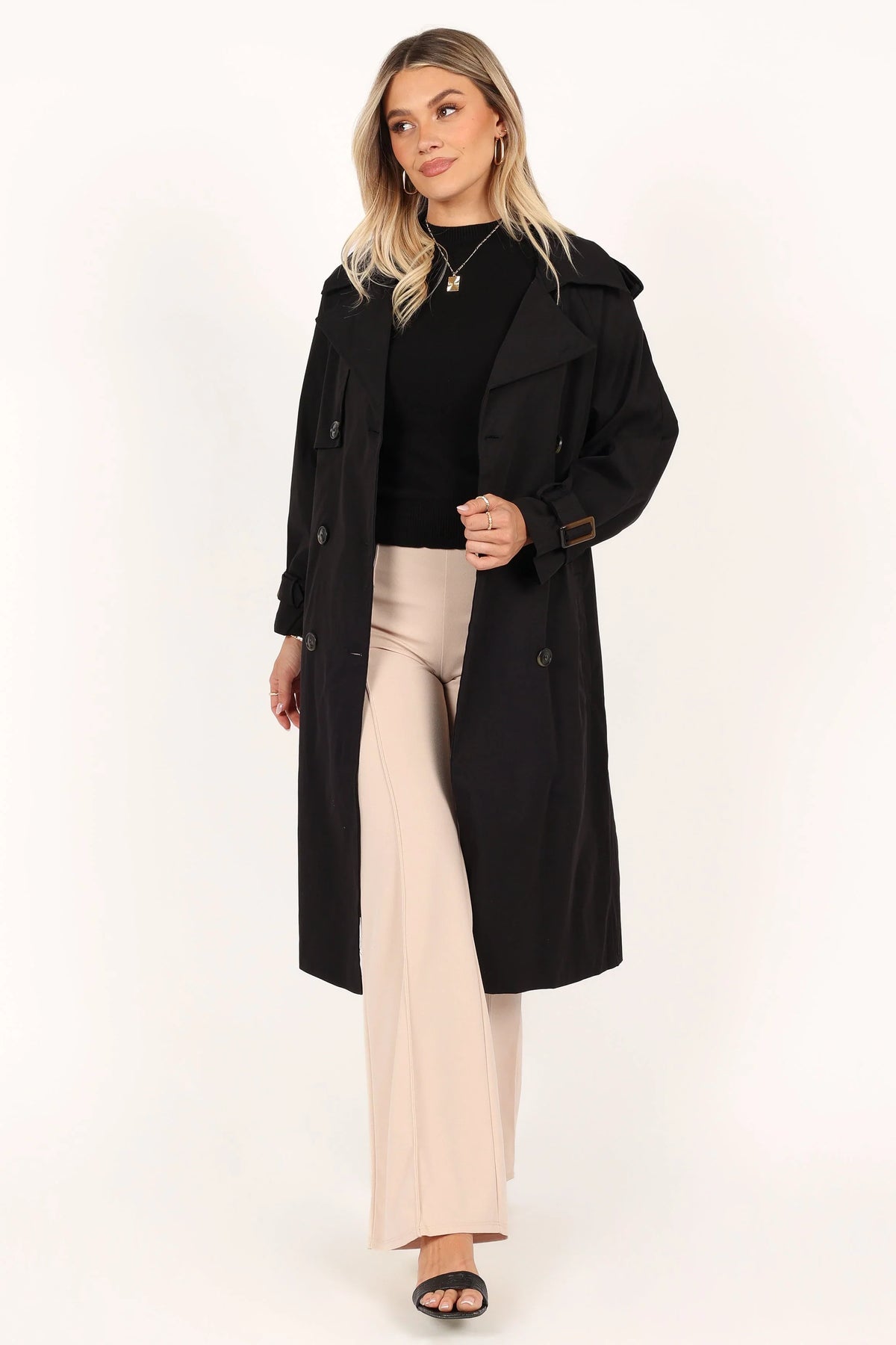 Trina Button Front Trench Coat Black