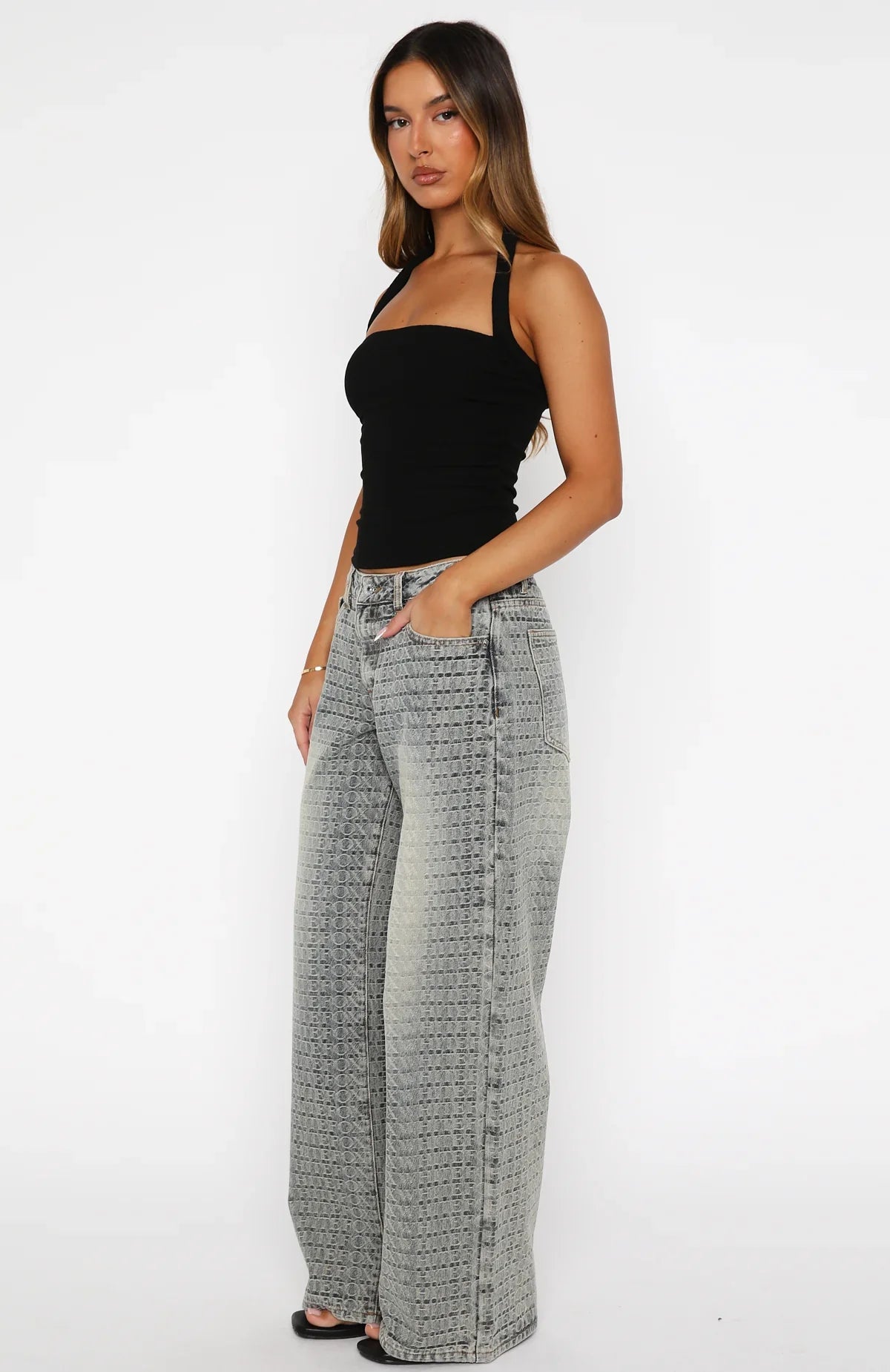 Text Me Low Rise Wide Leg Jeans Sand