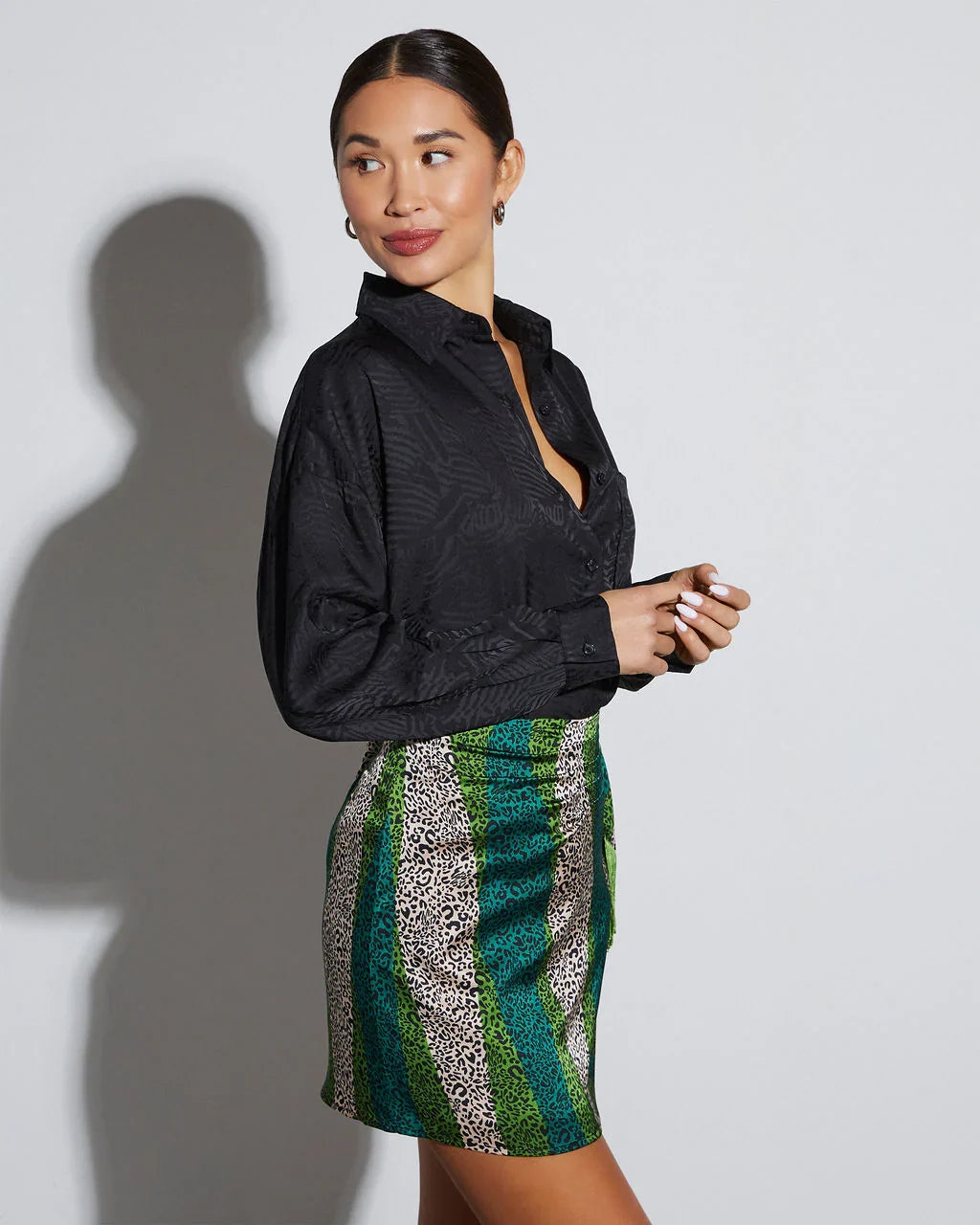 Sherlyn Satin Embossed Button Down Top