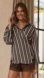 Valia Asymmetrical Button Up Shirt Brown Blue Stripe