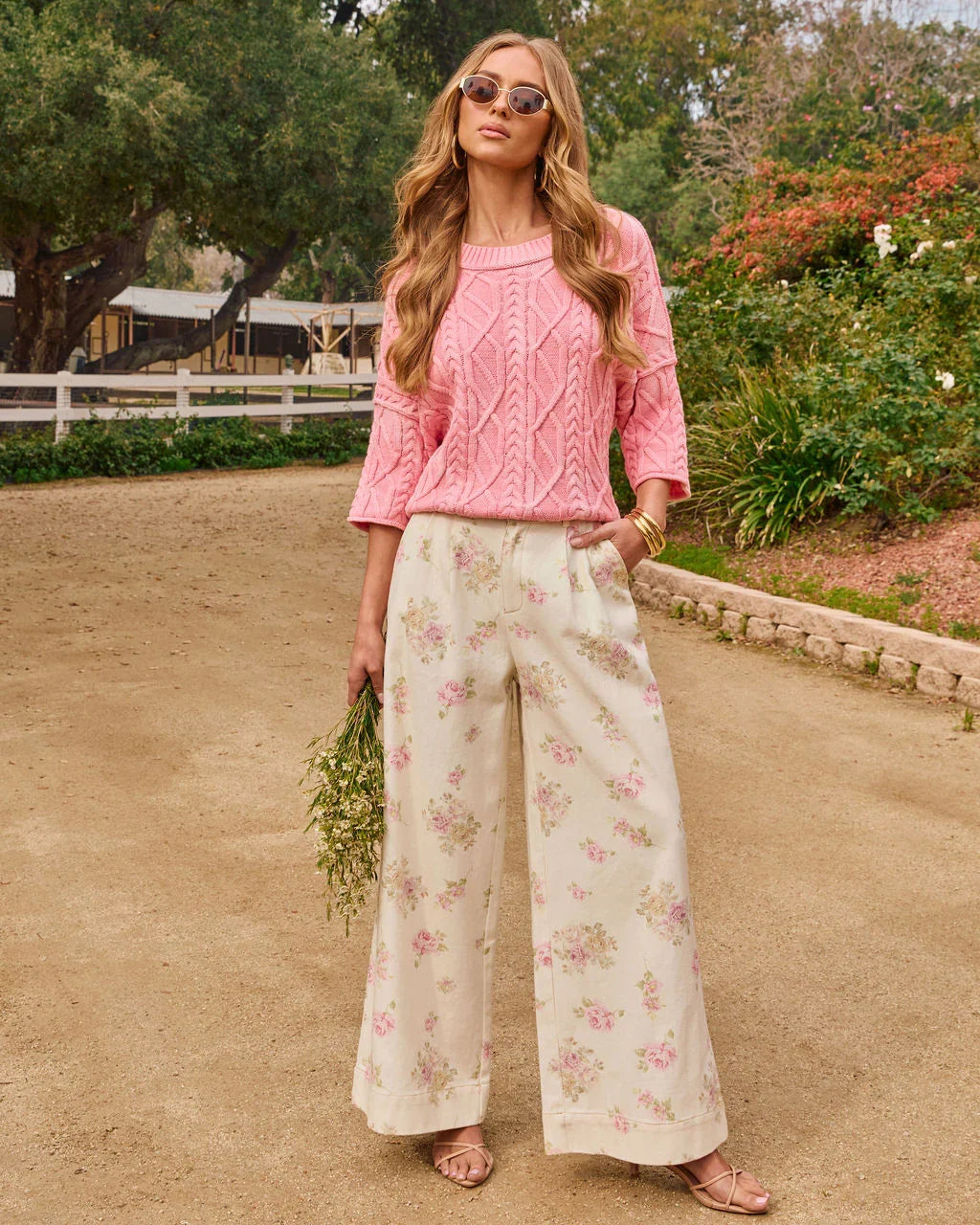 Junelle Rigid High Rise Wide Leg Pleated Floral Jeans