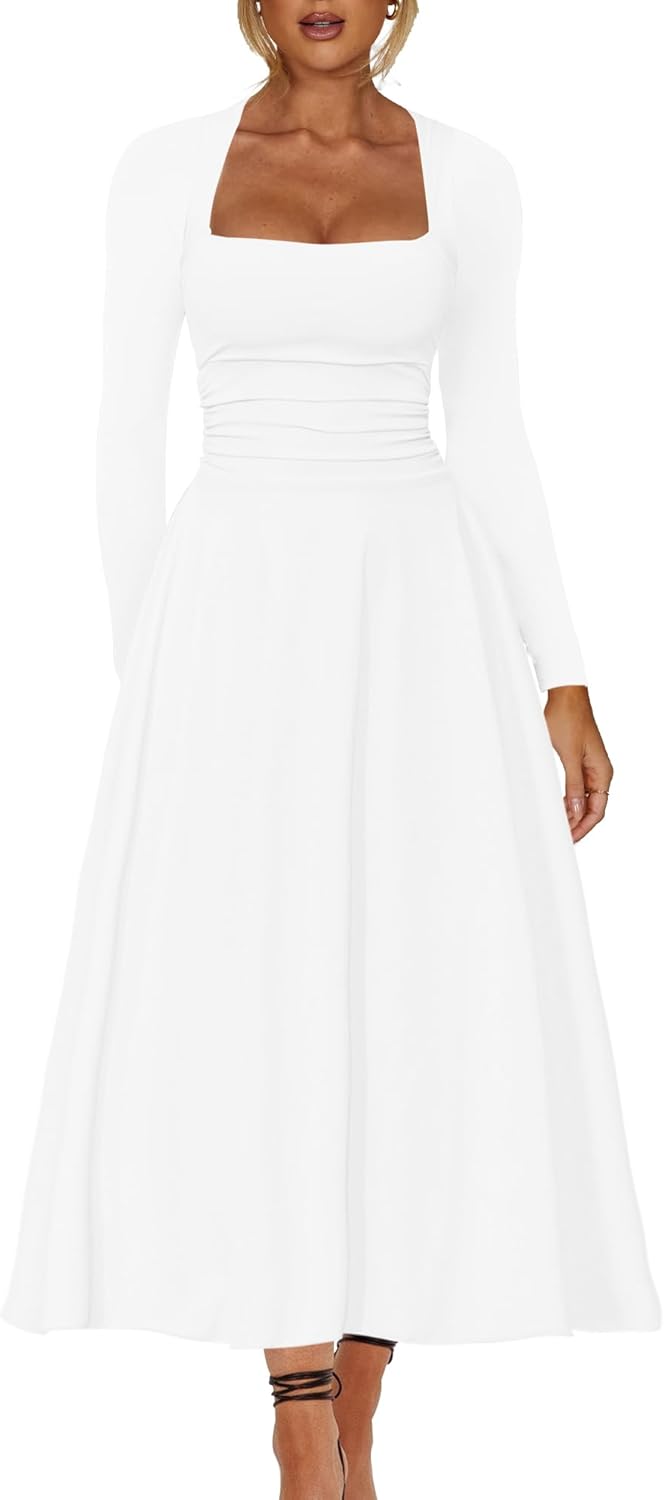 Long Sleeve Square Neck Corset A Line Maxi Dress Ruffle Flowy Formal Long Dresses