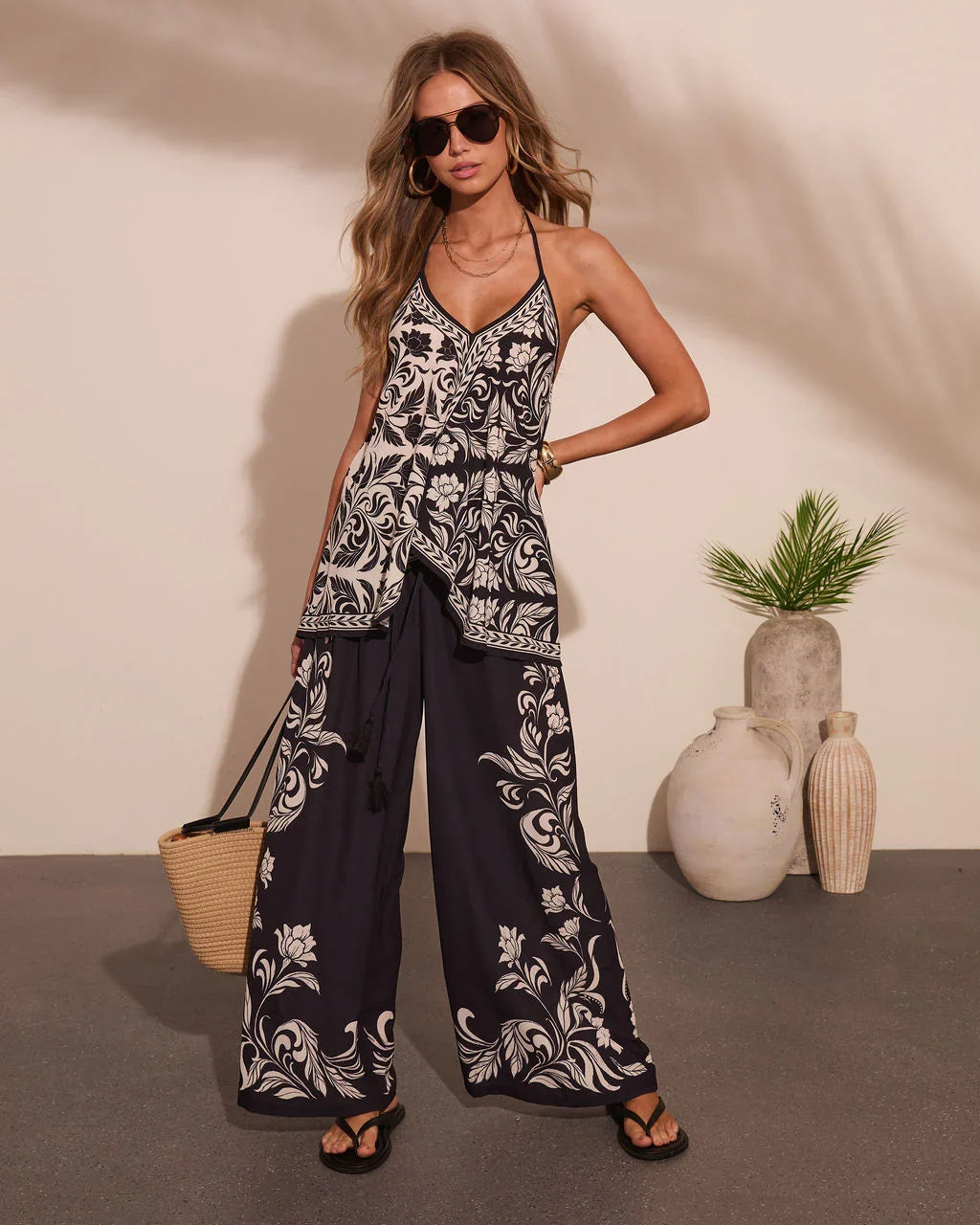 Korinna Floral Print Drawstring Wide Leg Pants