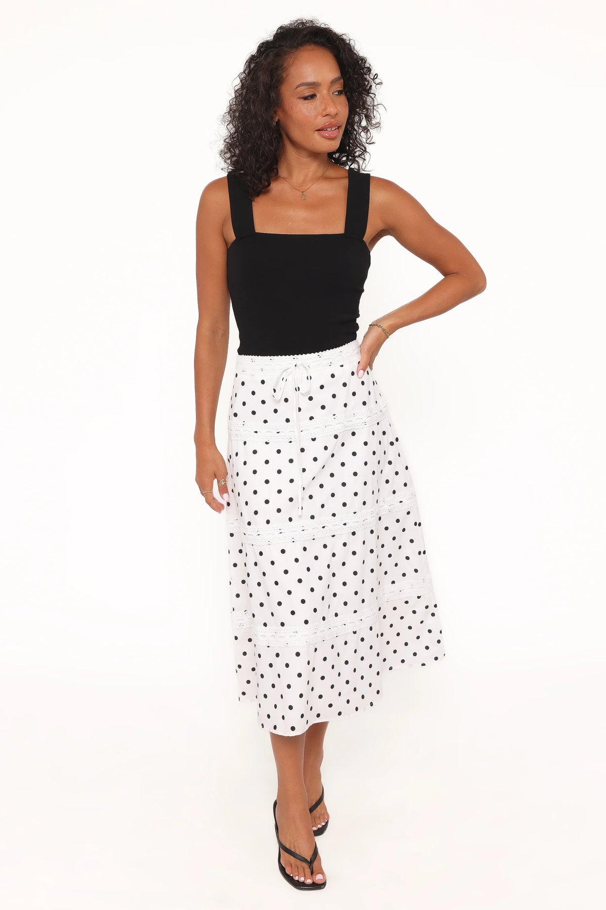 Lucia Tiered Midi Skirt White Polka Dot