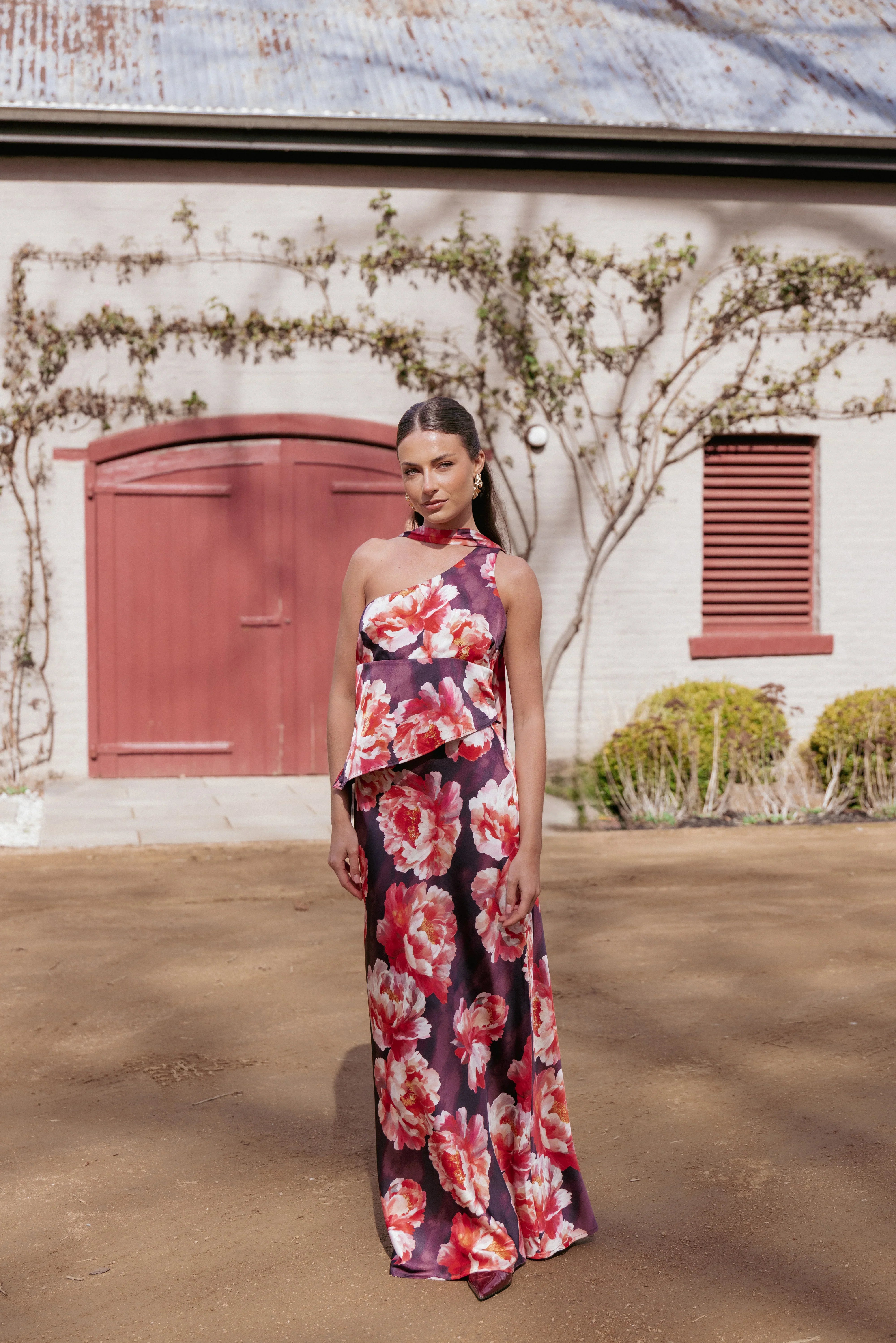 Georgina One Shoulder Skirt Set Burgundy Peony