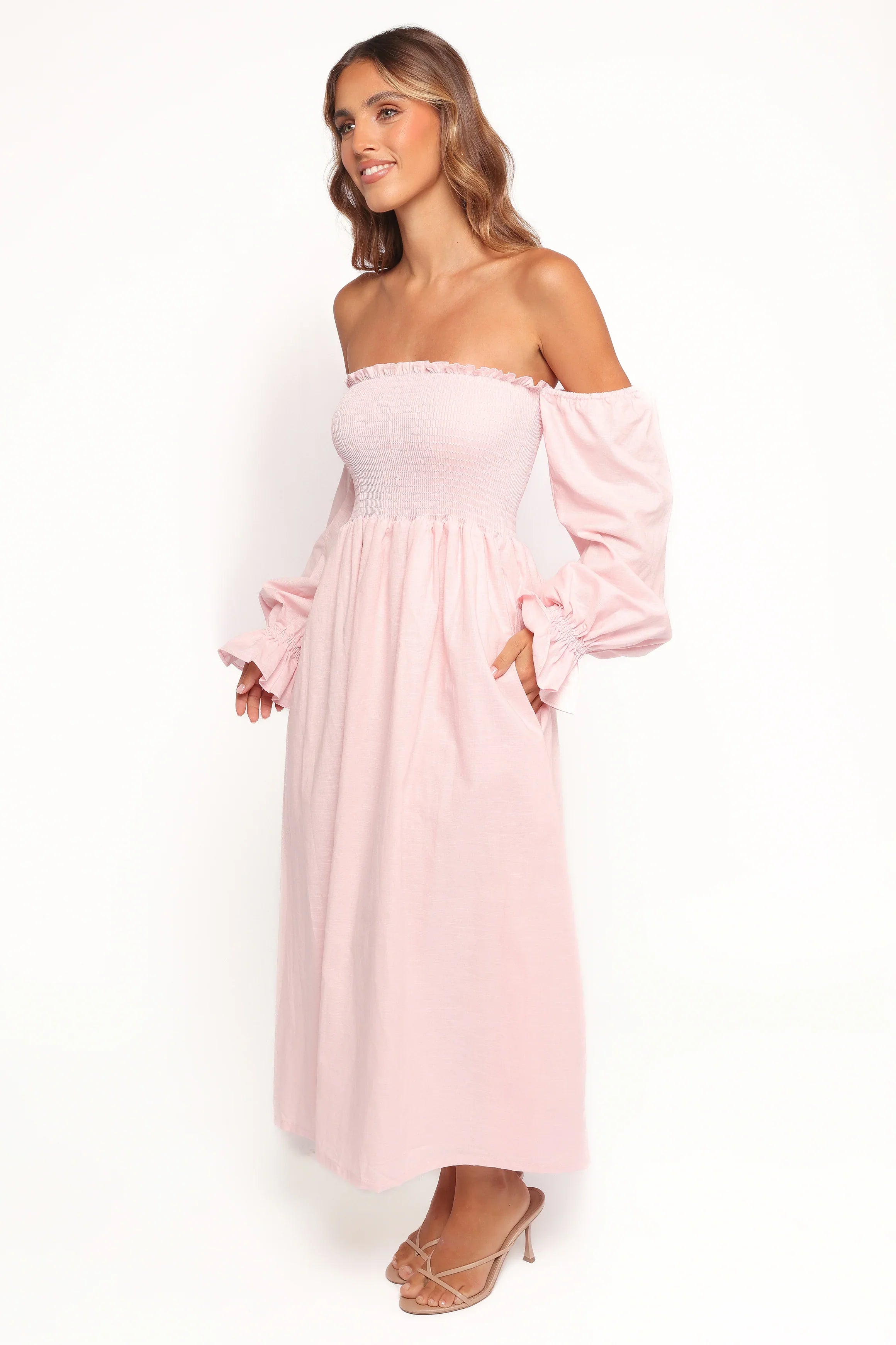 Domenica Shirred Long Sleeve Midi Dress Pink