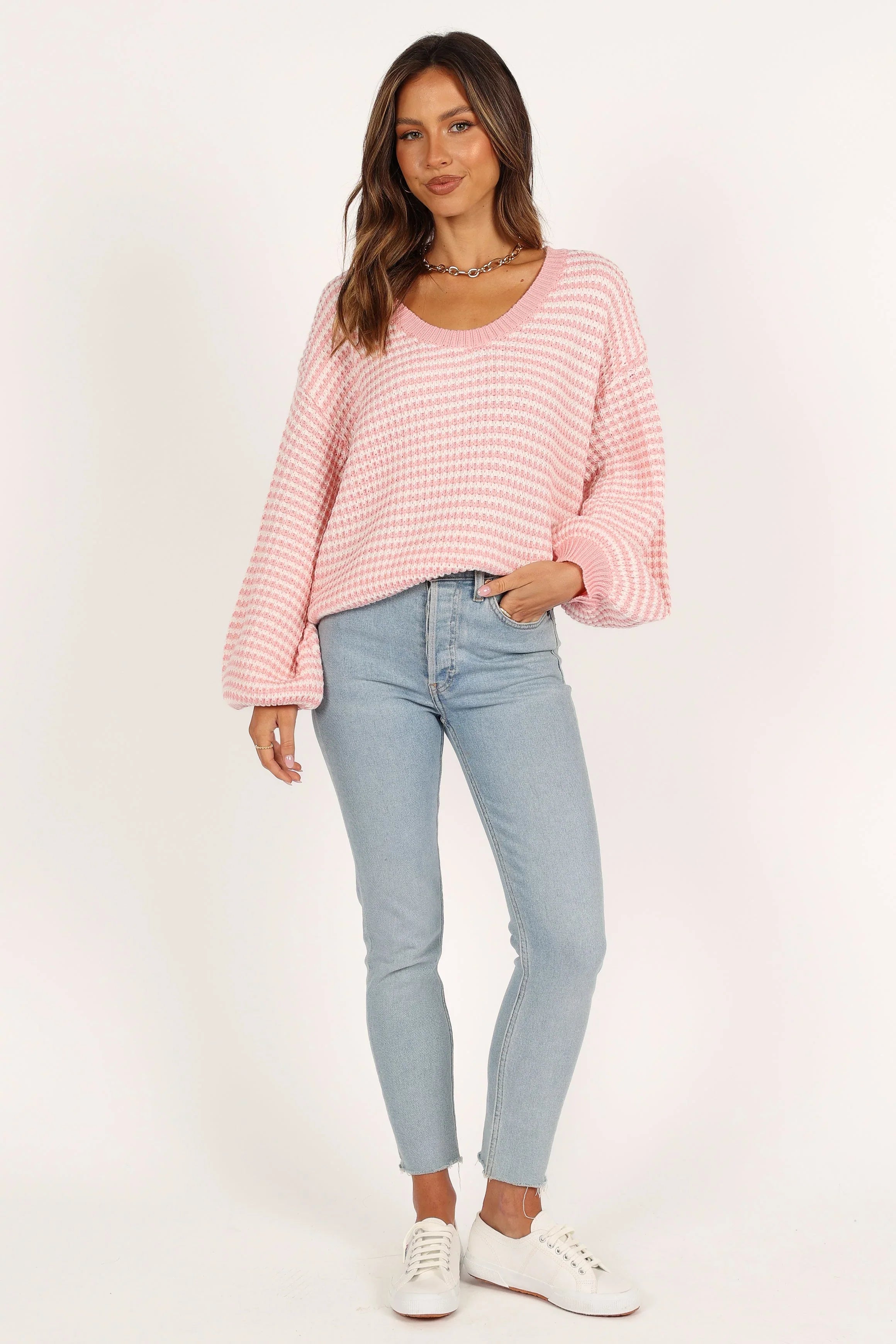 Becca Crewneck Waffle Stitch Stripe Knit Sweater Pink