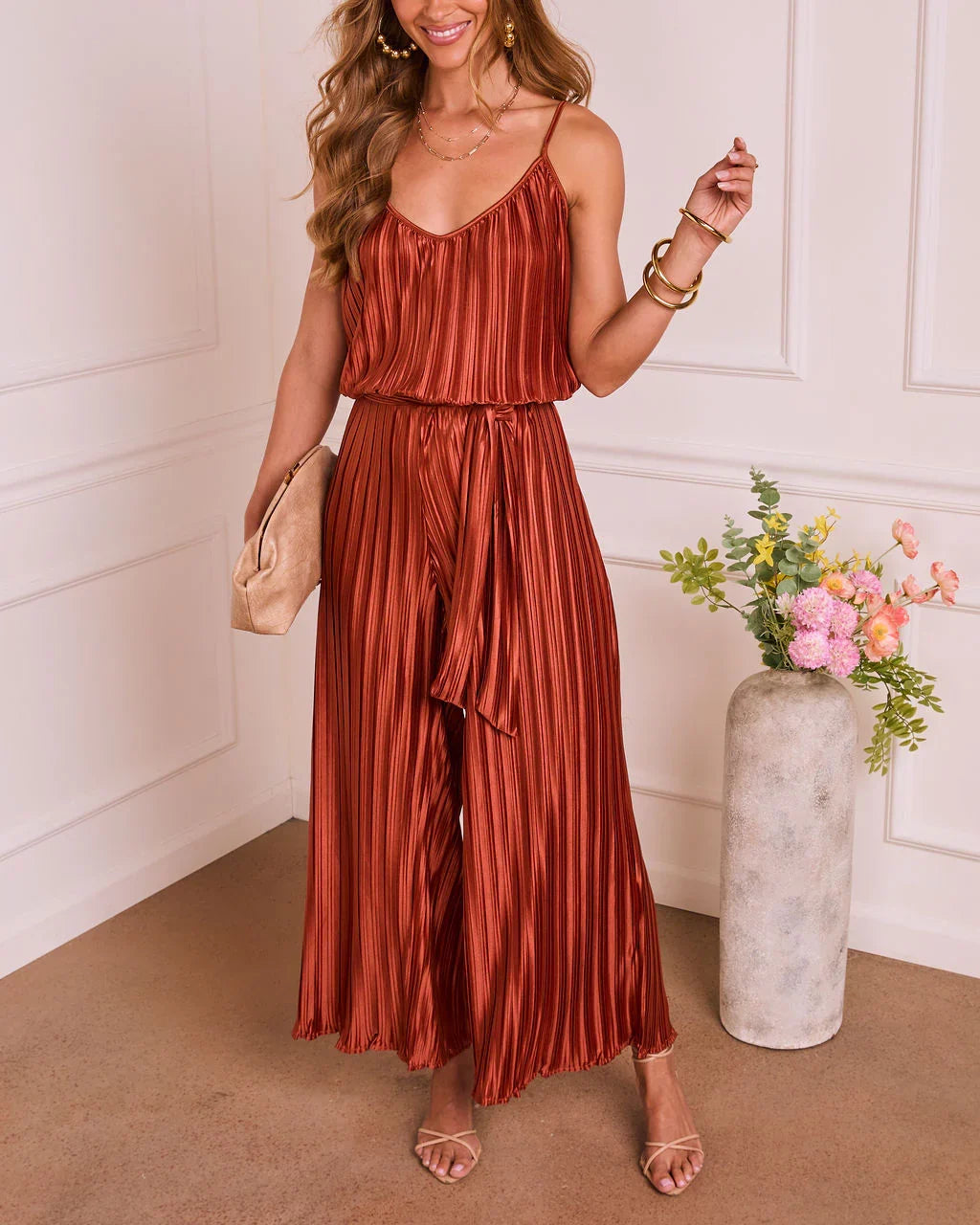 Amabel Satin Plisse Wrap Tie Jumpsuit