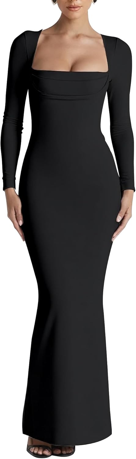 Sexy Long Sleeve Square Neck Bodycon Maxi Dress Split Cocktail Formal Long Dresses
