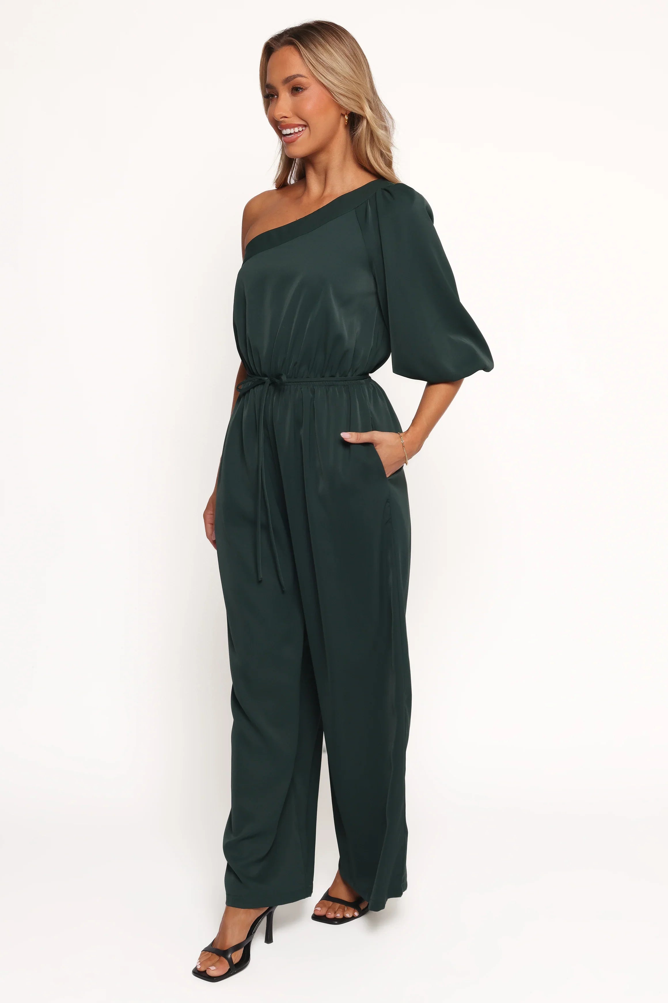 Hedda One Shoulder Jumpsuit Emerald