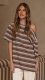 Pia One Shoulder Oversize Tee Choc Blue Stripe