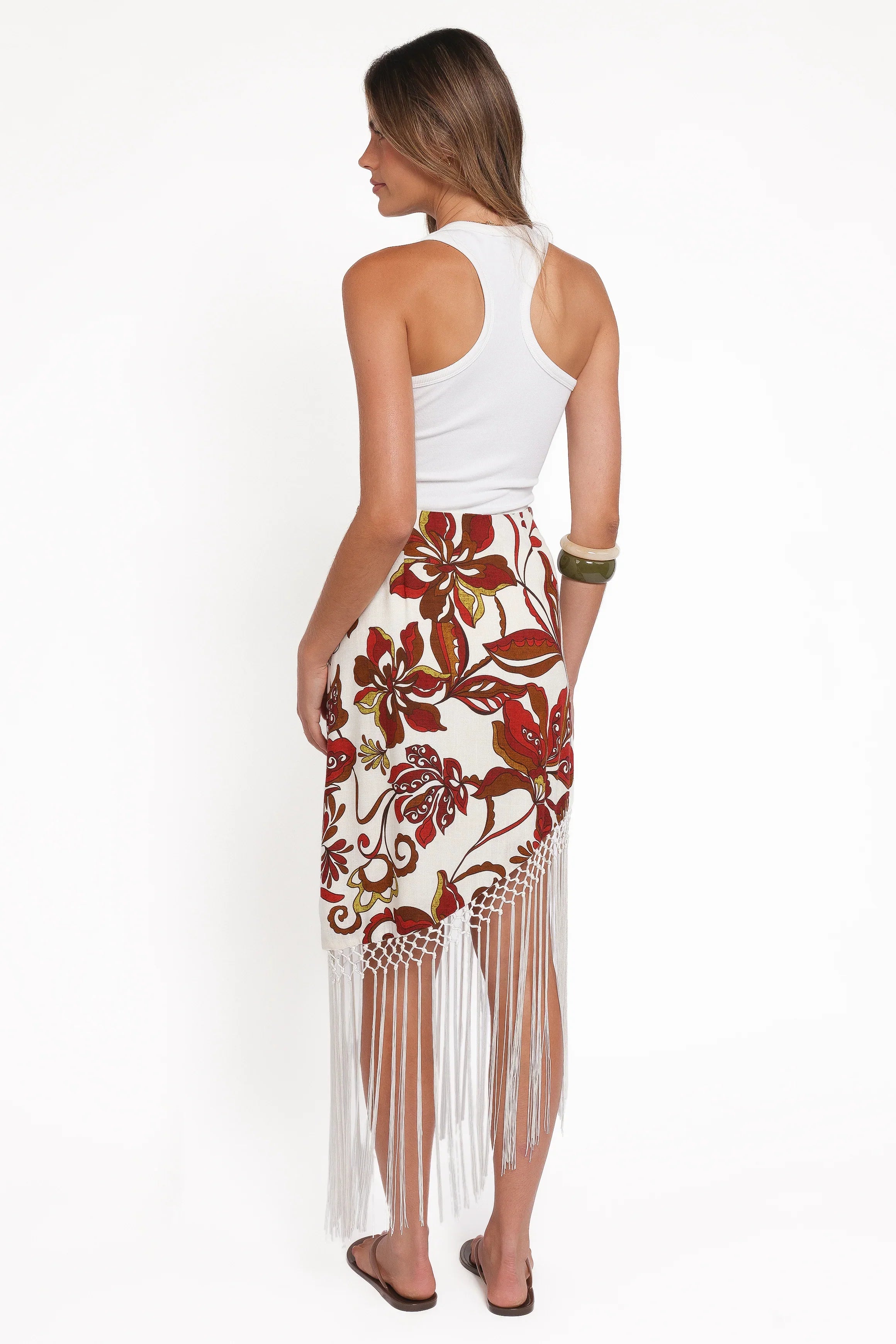 Shelby Midi Fringe Skirt Brown Floral