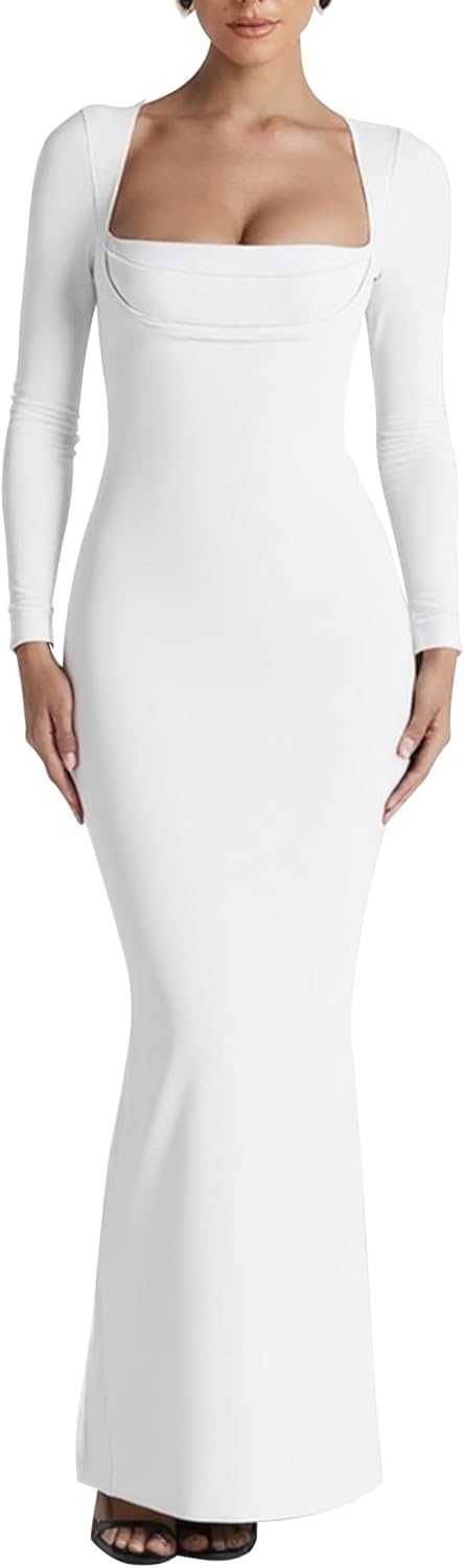 Sexy Long Sleeve Square Neck Bodycon Maxi Dress Split Cocktail Formal Long Dresses