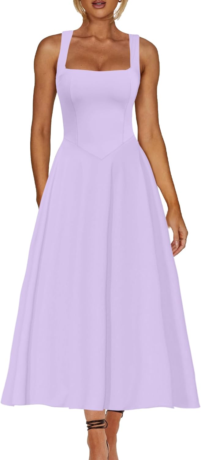 Square Neck Sleeveless A Line Maxi Dress Smocked Ruffle Flowy Casual Long Dresses