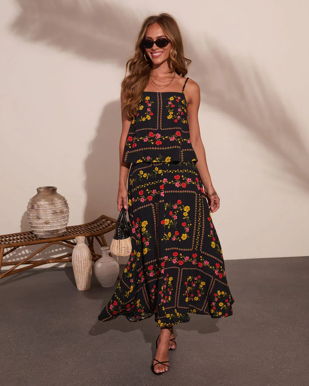 Sunkissed Meadow Floral Print Midi Skirt