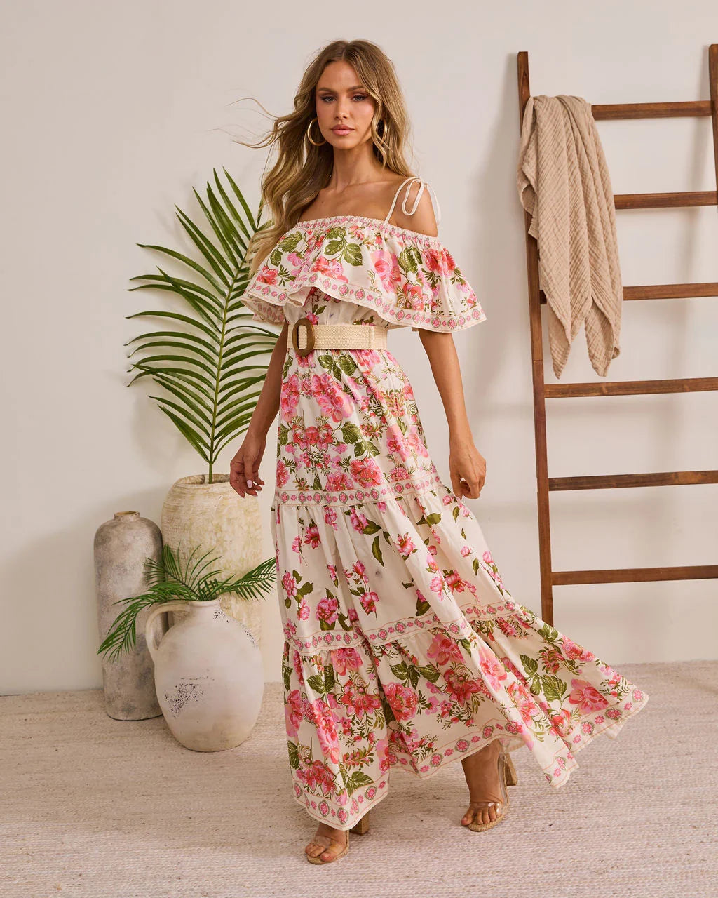 Morning Ease Belted Off The Shoulder Floral Maxi Dress