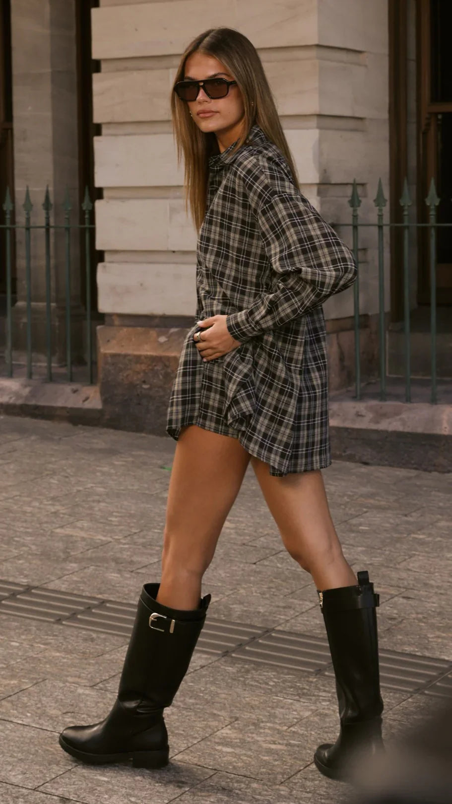 Arli Button Up Shirt Black Beige Plaid