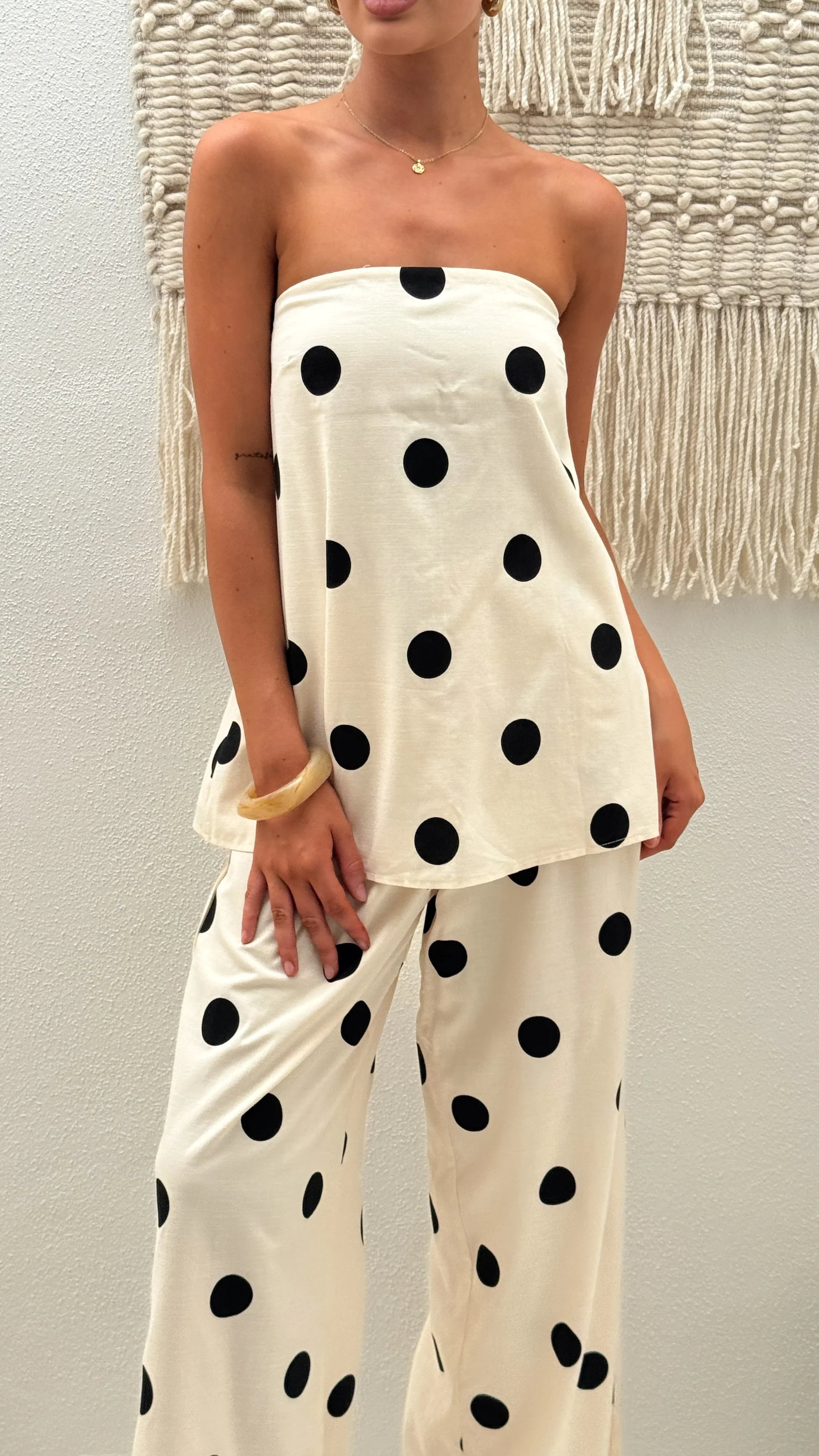 Hazelle Strapless Top Beige Black Polka Dot