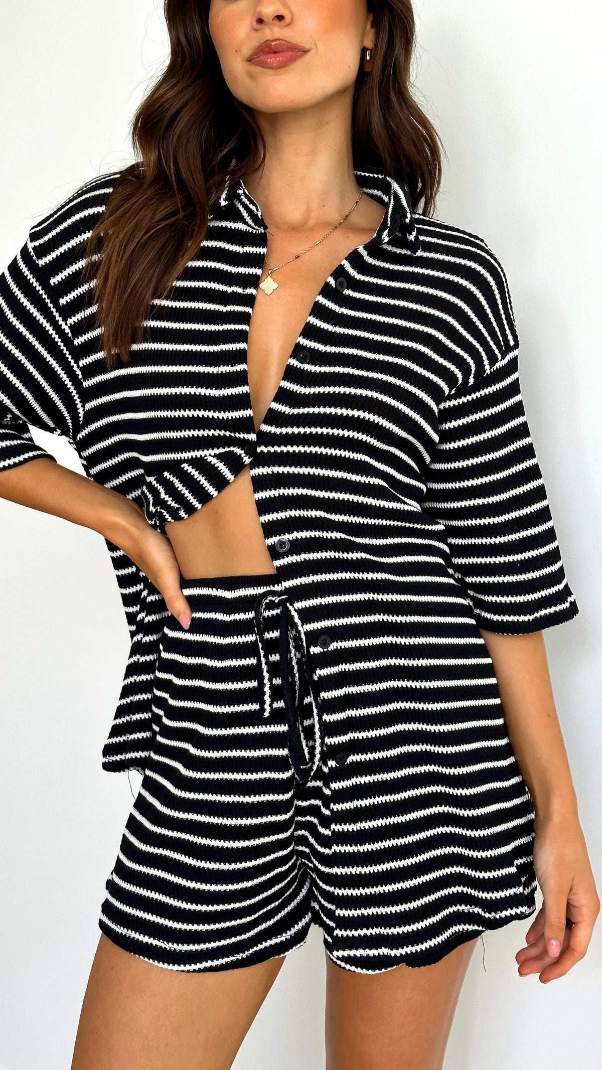 Lacole Button Up Shirt and Shorts Set Black White Stripe