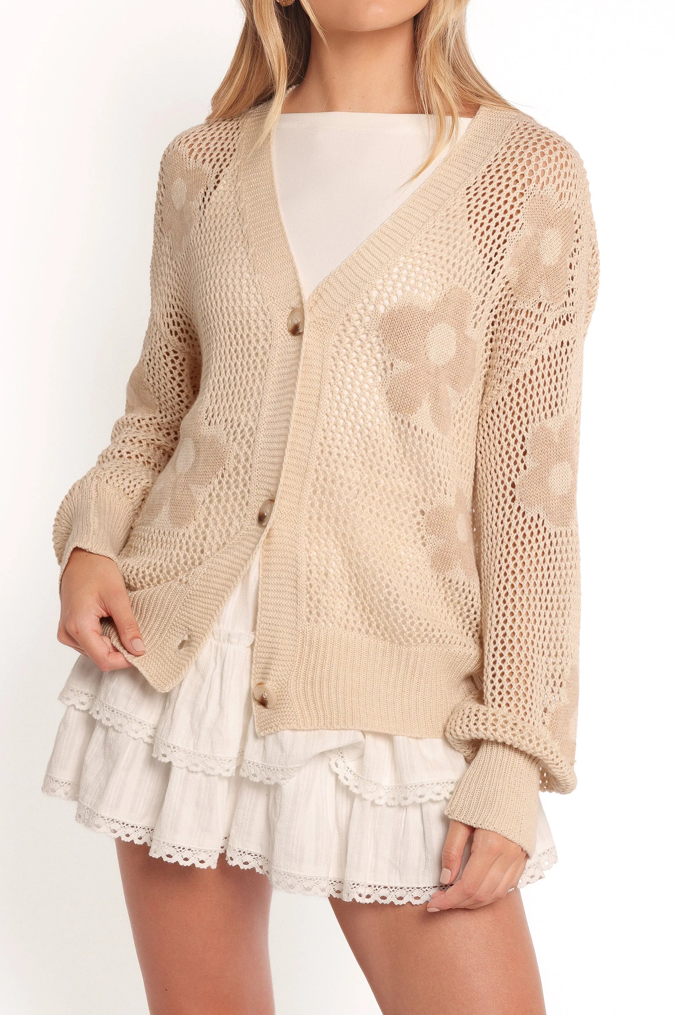 Winslow Open Knit Flower Cardigan Tan