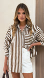 Zoah Long Sleeve Button Up Shirt Choc Champagne Stripe