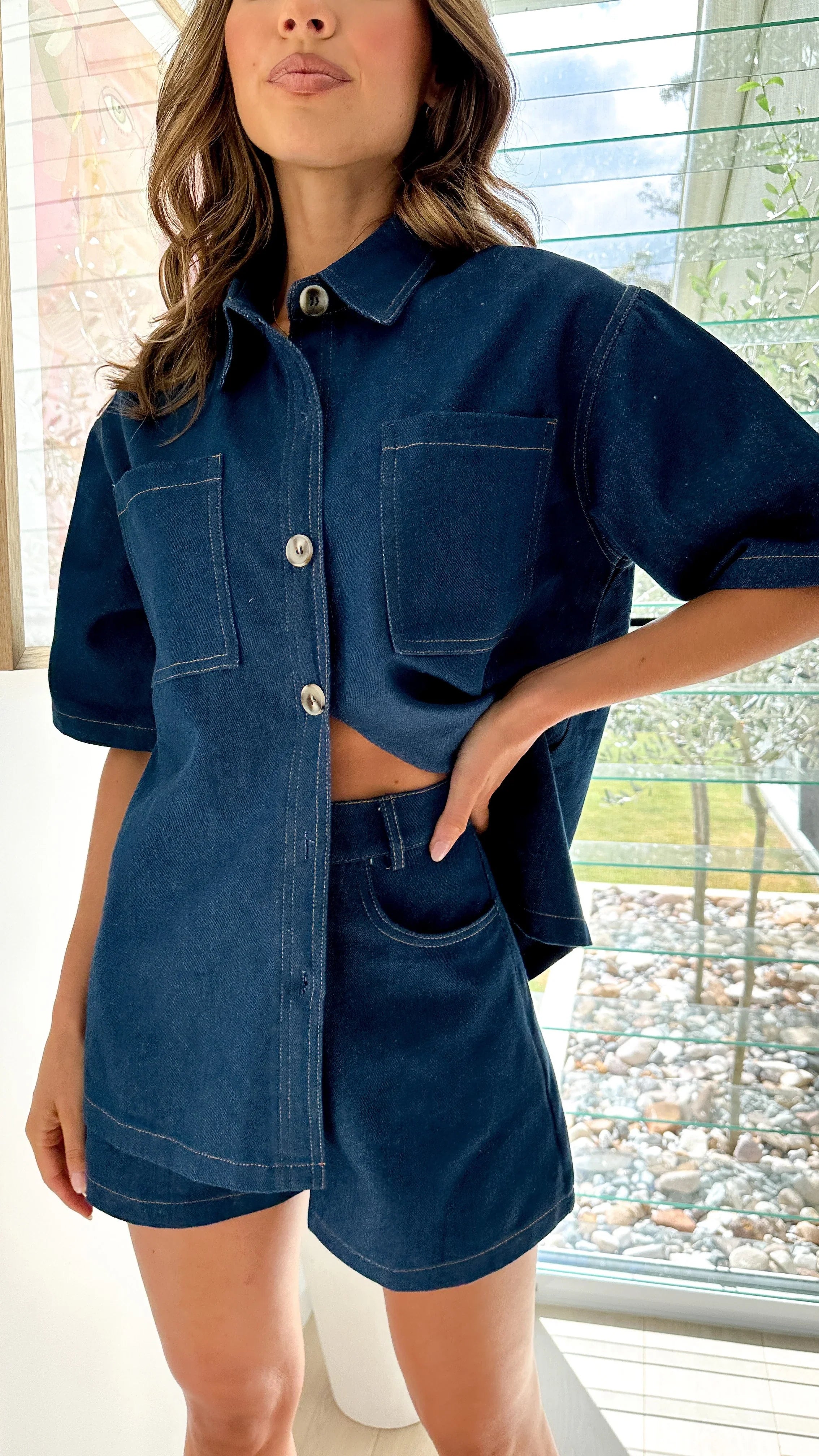 Olivia Shirt and Shorts Set Dark Denim