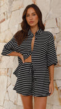 Lacole Button Up Shirt and Shorts Set Black White Stripe