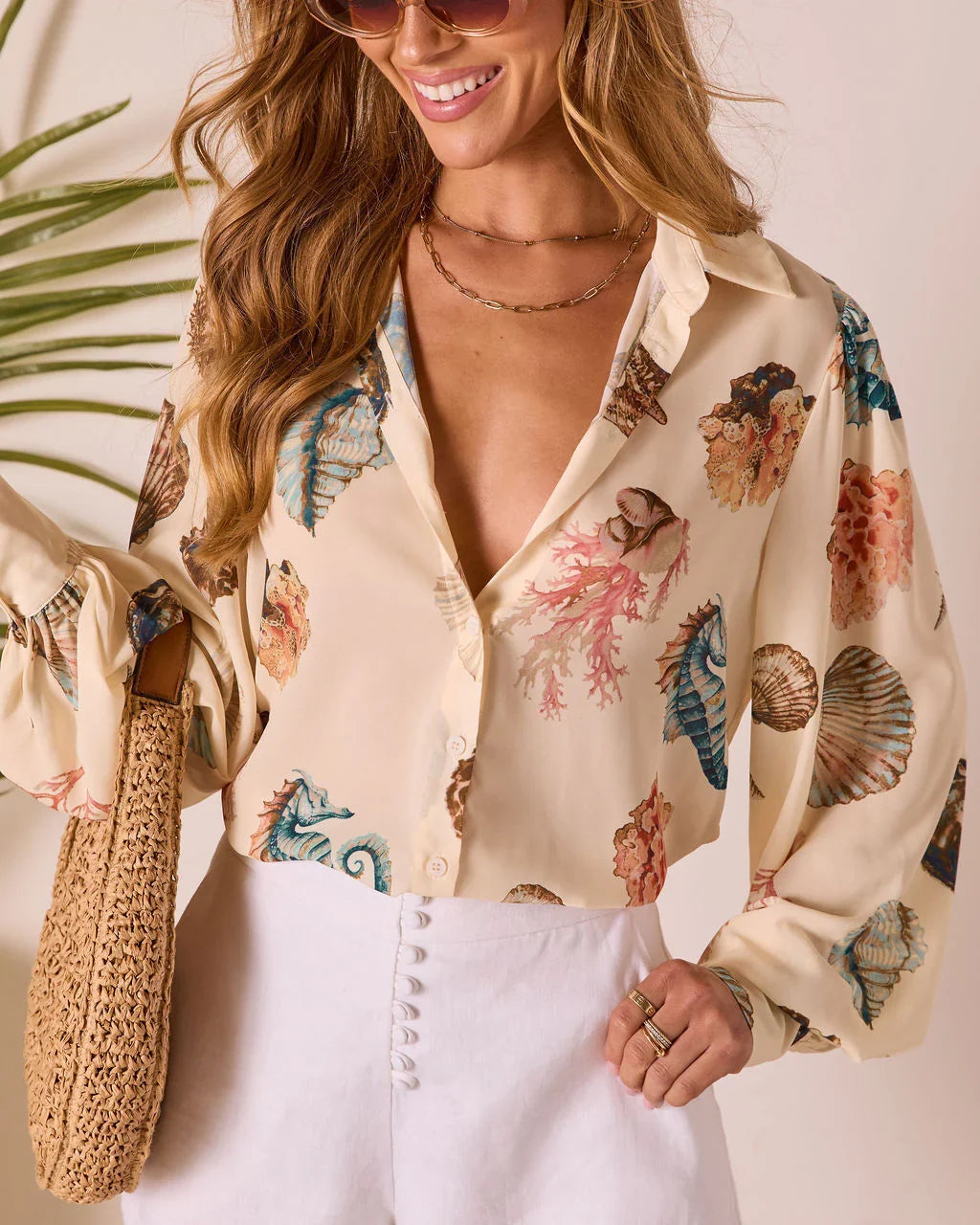Ocean Whisper Sea Life Print Button Up Top