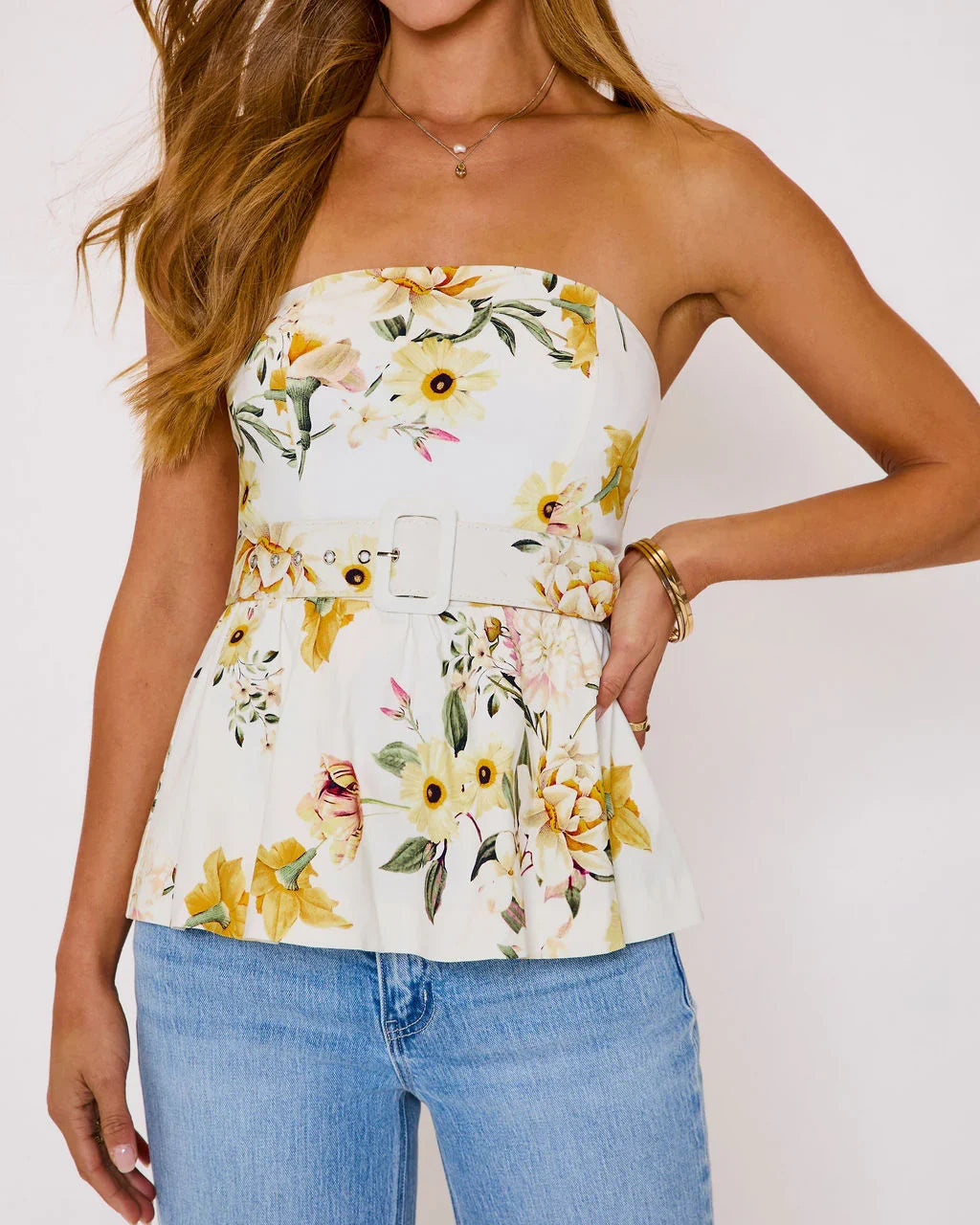 Honey Morning Floral Belted Peplum Top