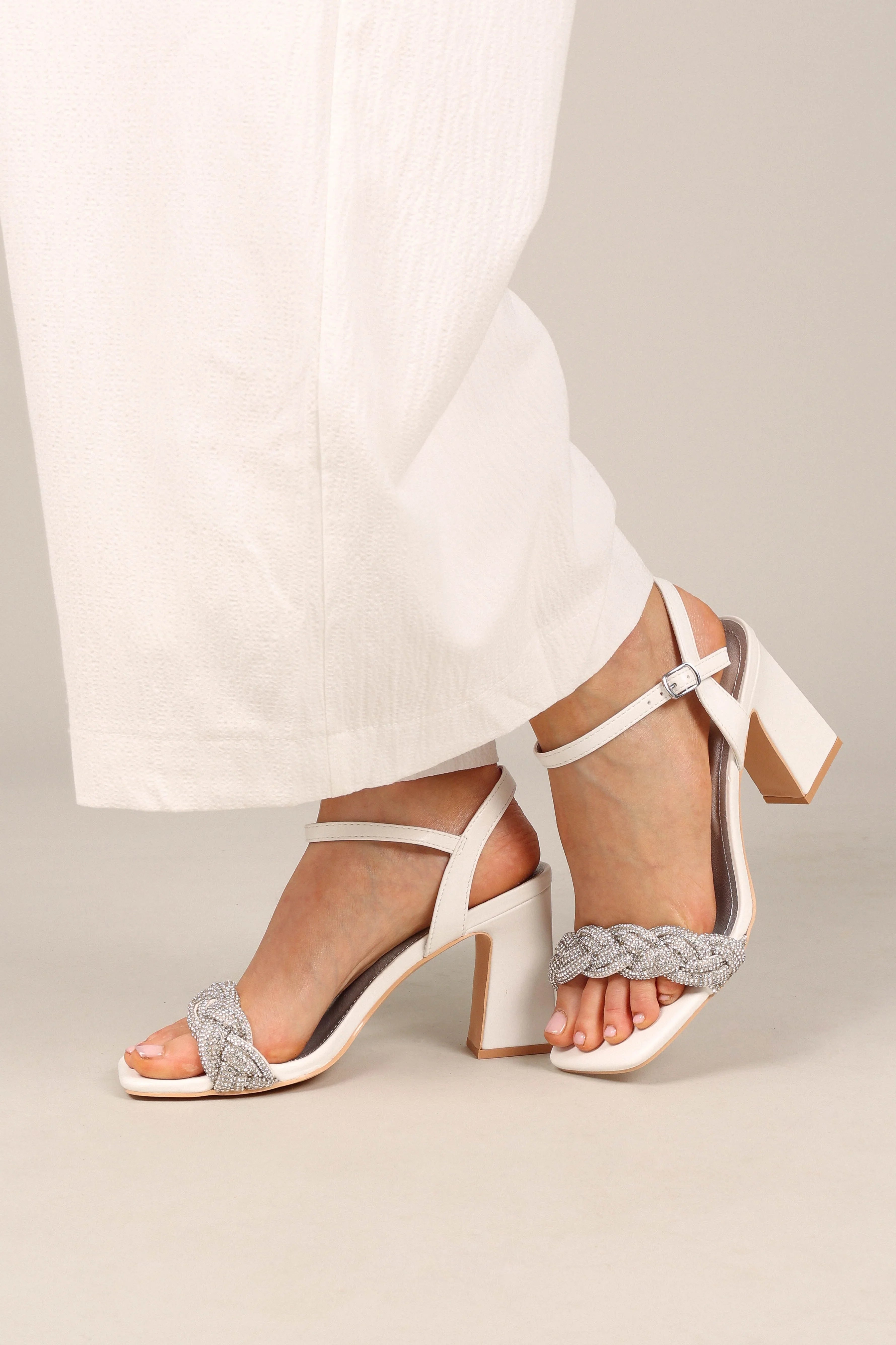 Allure Rhinestone Block Heel White