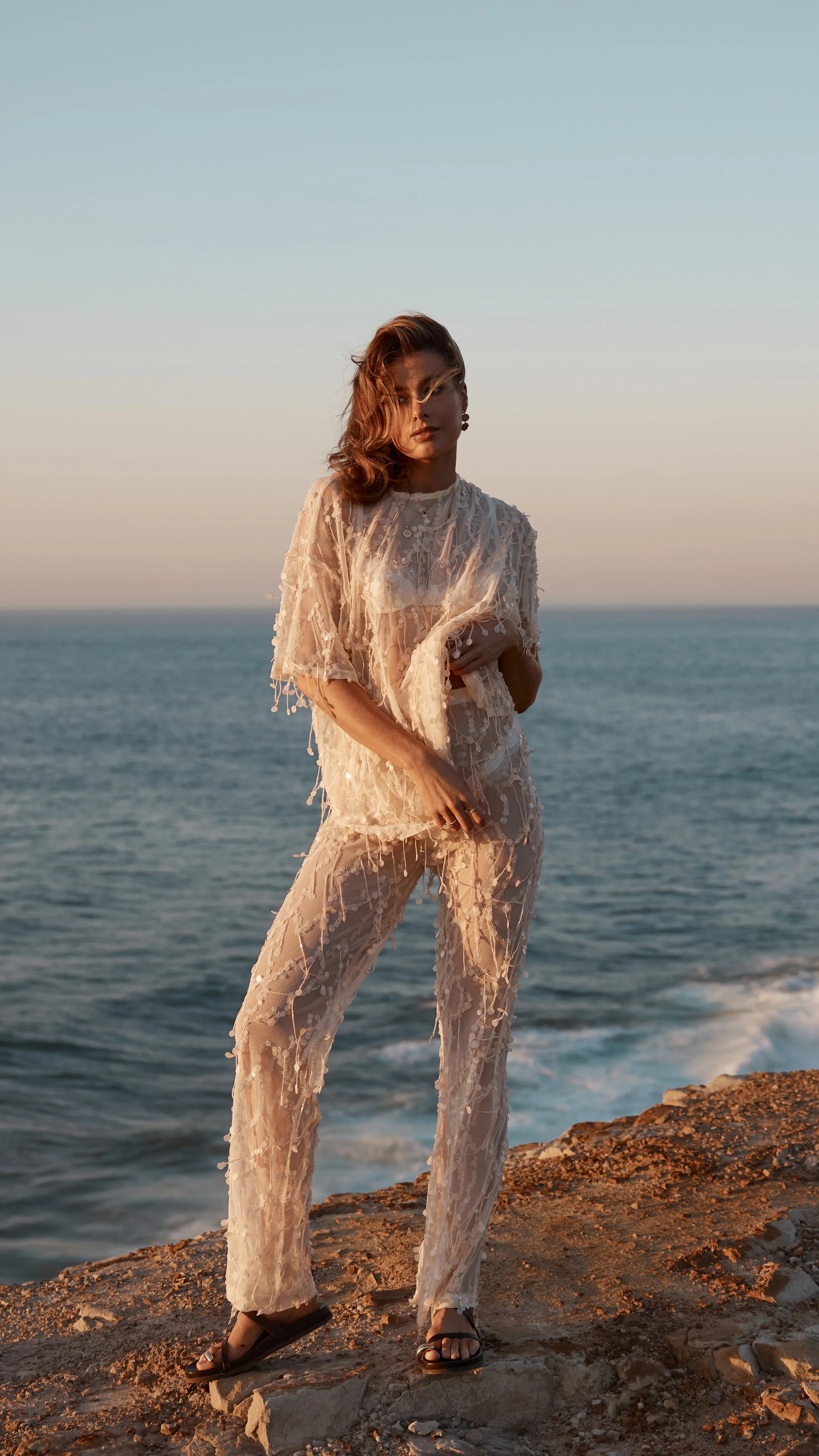 Zabby Sequin Oversized T Shirt Beige