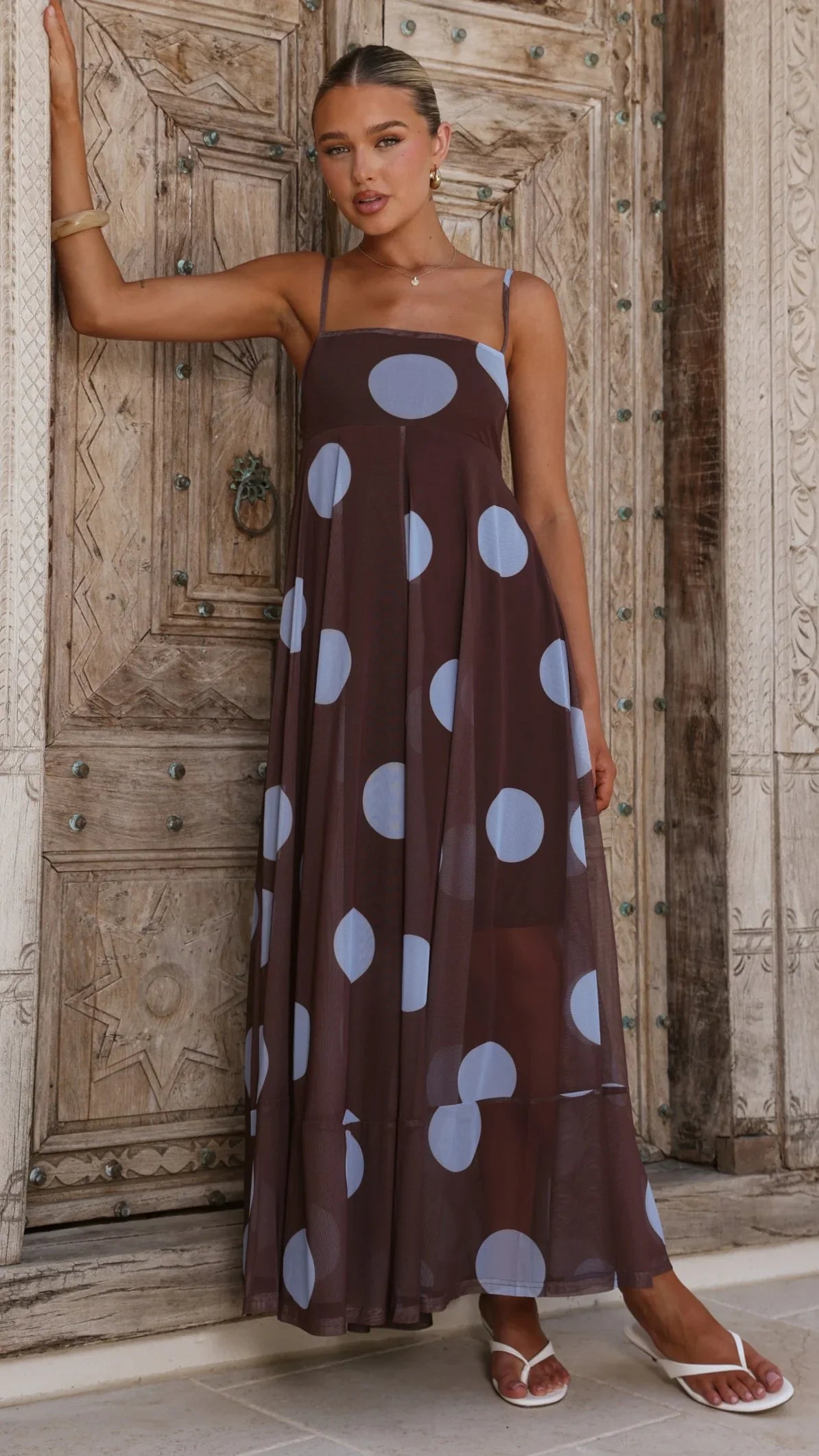Melinda Mesh Maxi Dress Brown Blue Polka Dot