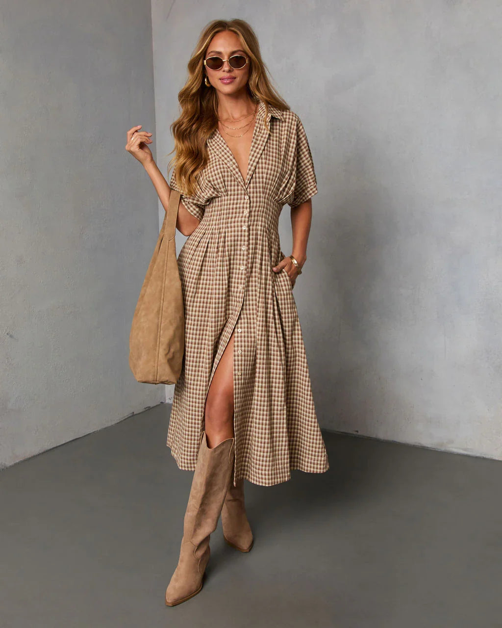 Backroad Blues Gingham Midi Shirt Dress