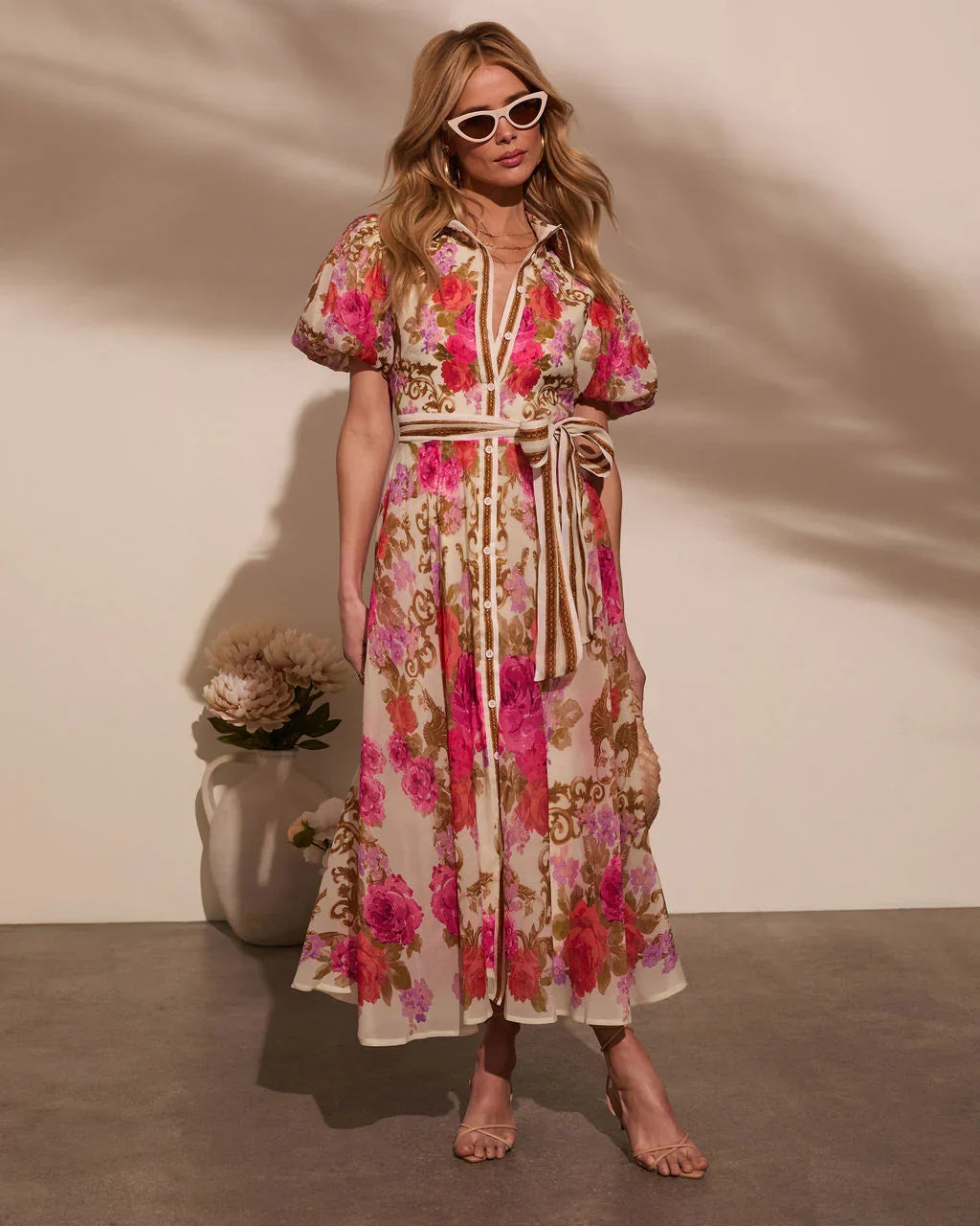 Meadowlane Floral Waist Tie Midi Dress