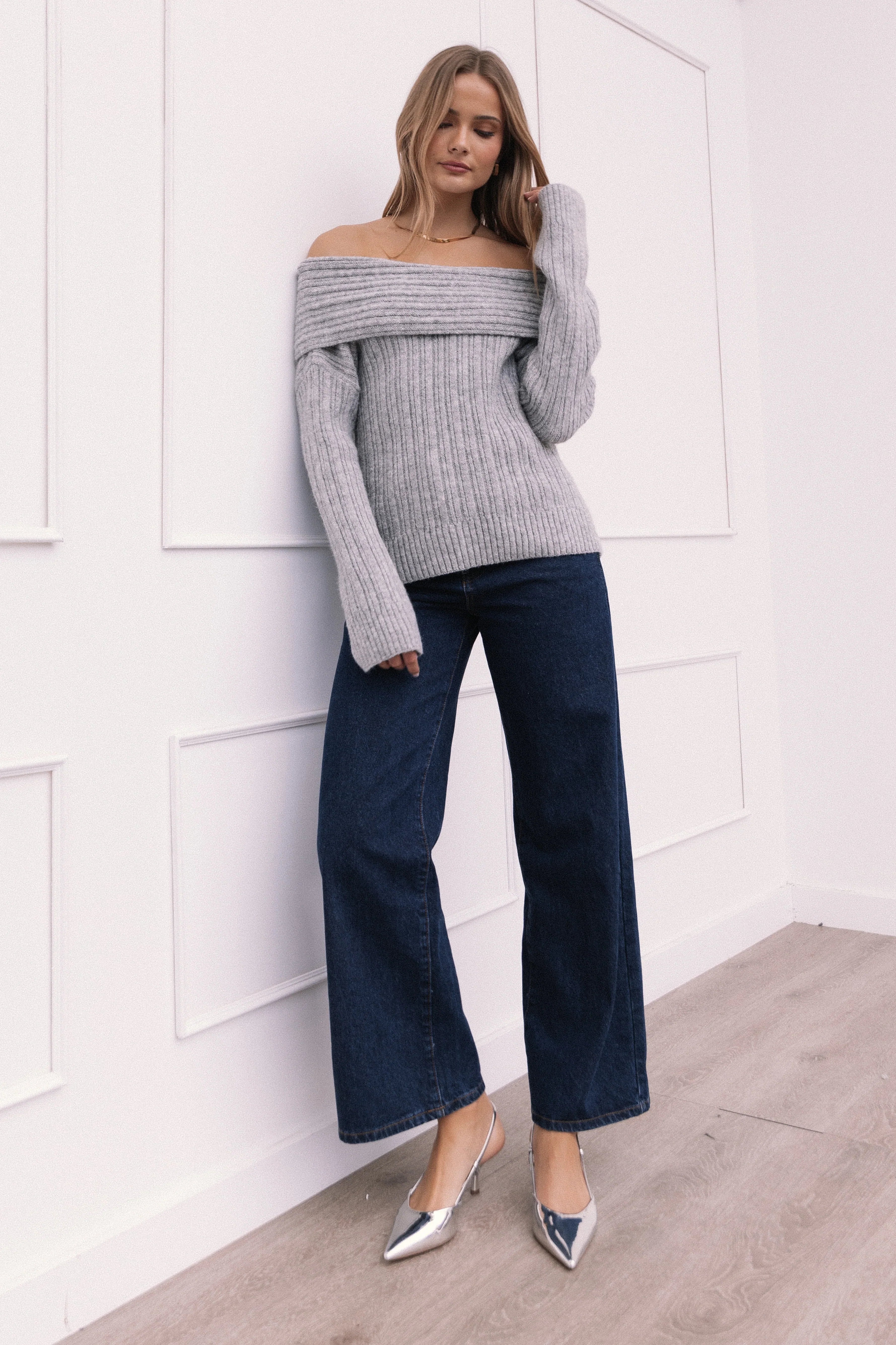 Kenny Off Shoulder Knit Sweater Grey