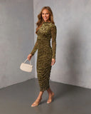 Saving Grace Ruched Flocked Velvet Midi Dress