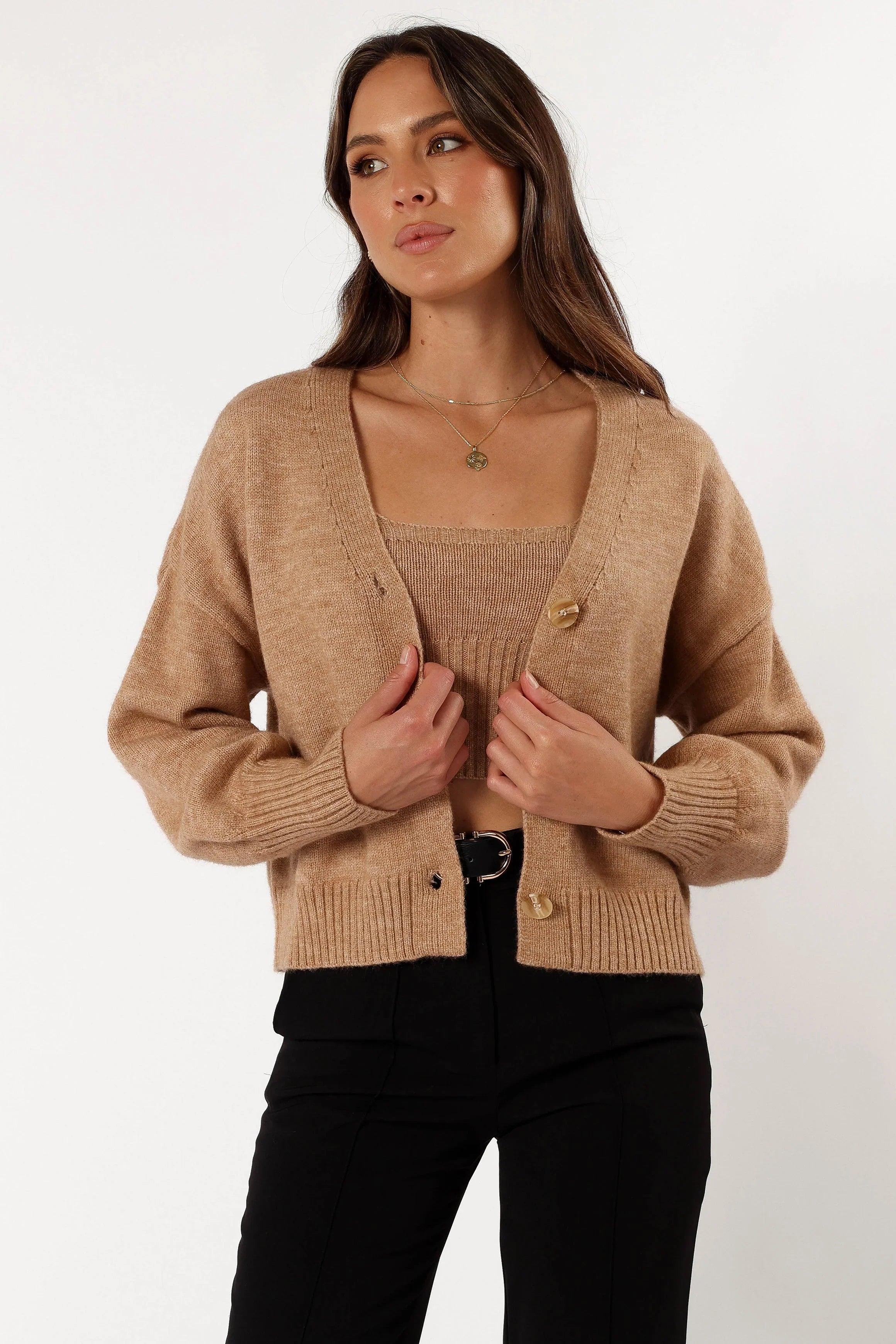 Isabel Button Front Cardigan Beige