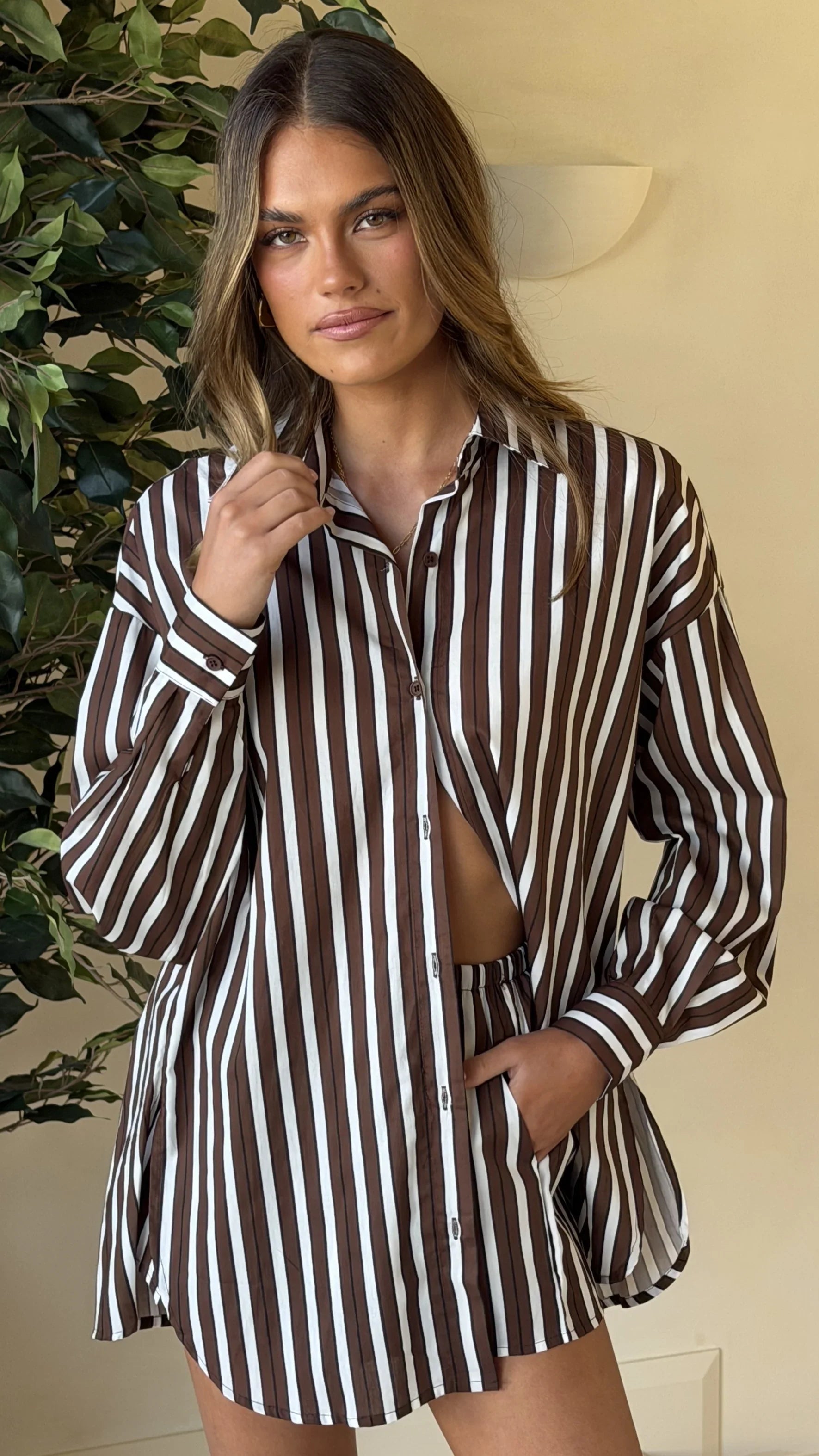 Arli Button Up Shirt Brown White Stripe