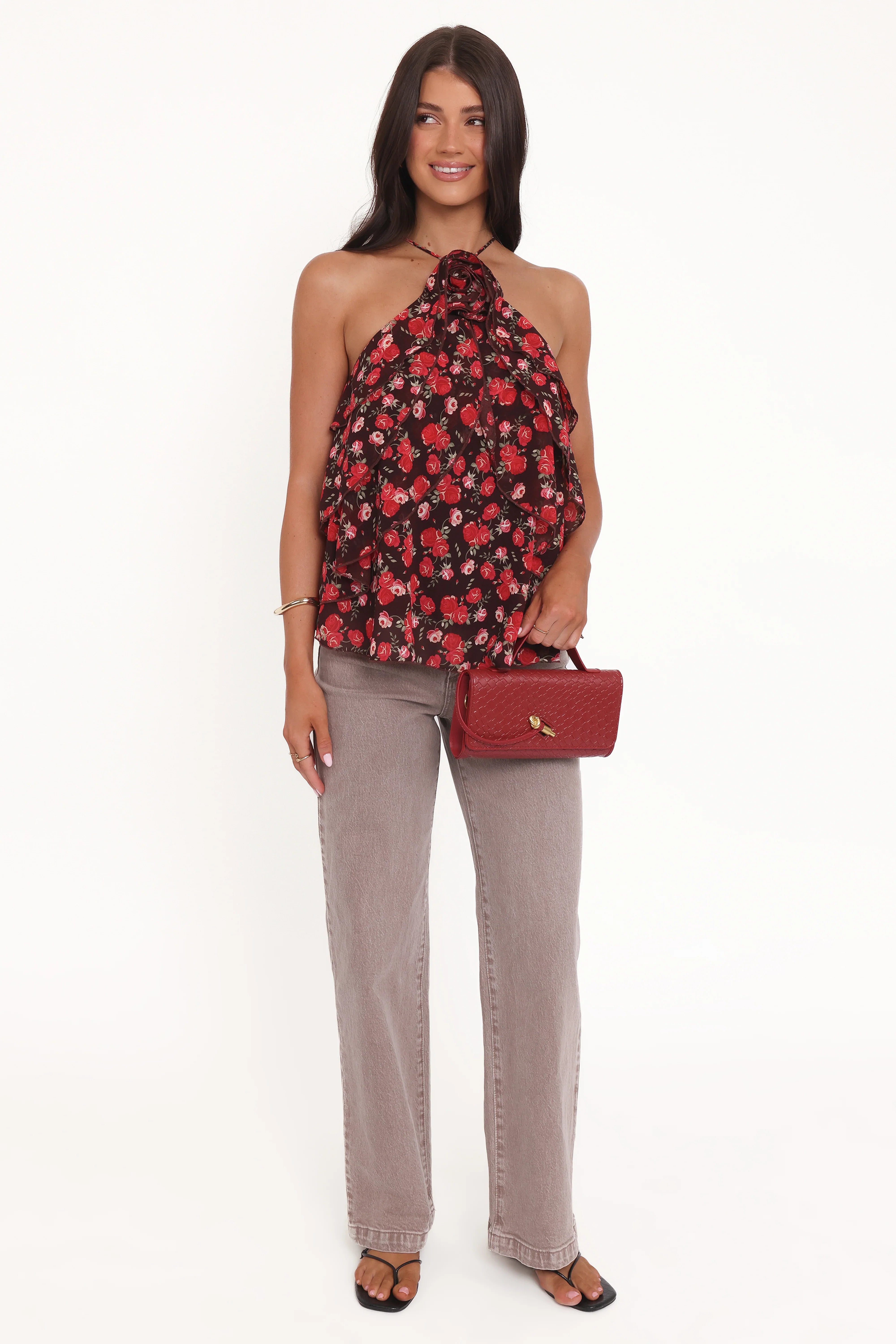 Zorina Halter Neck Chiffon Top Brown Floral