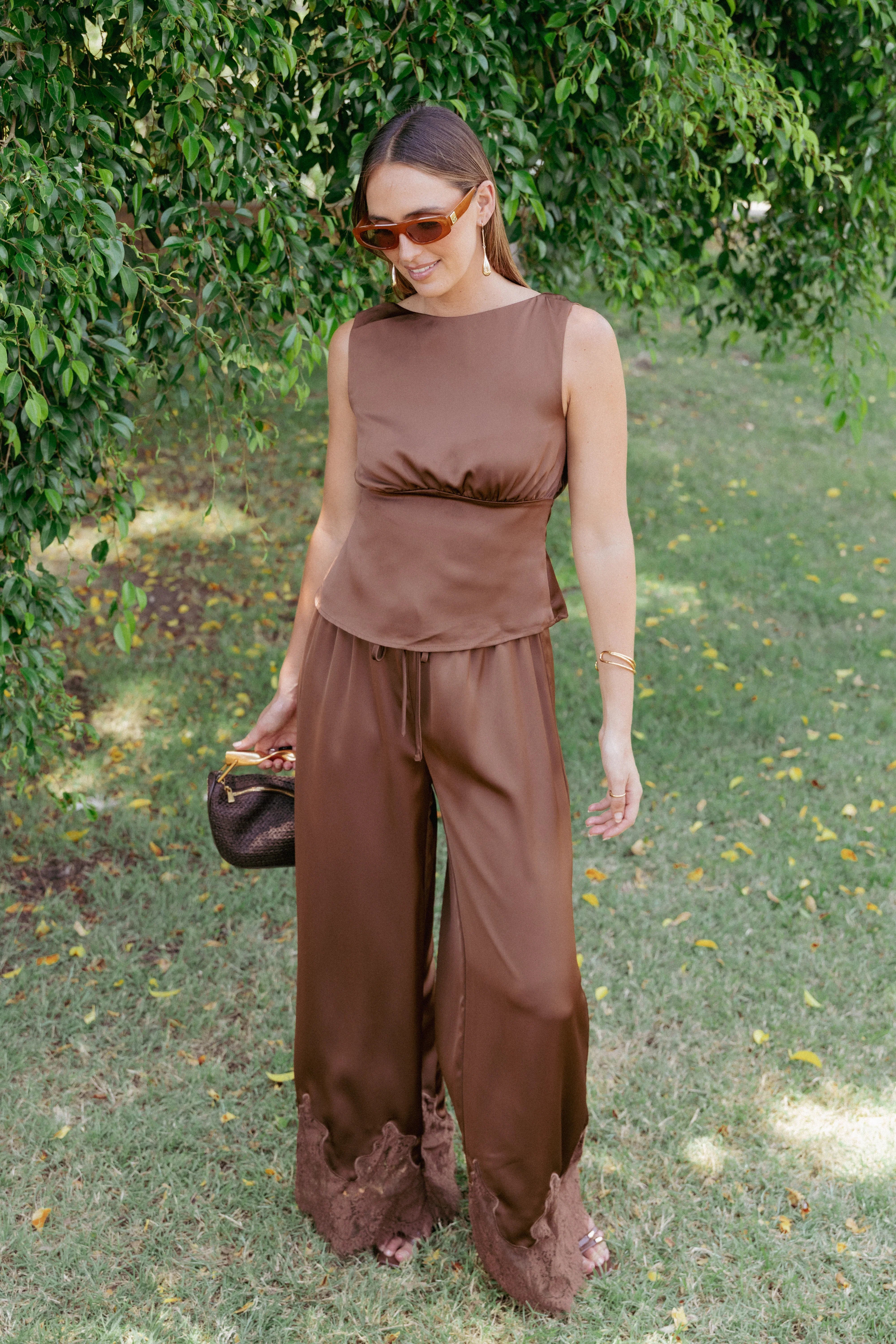 Viola Drawstring Wide Leg Pant Chocolate
