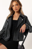 Elaina Crystal Studded Moto Jacket Black
